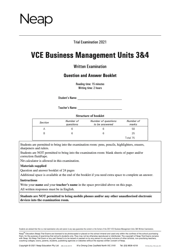 Neap Practice Exam: 2021 VCE Business Management Units 3&4 (Digital)