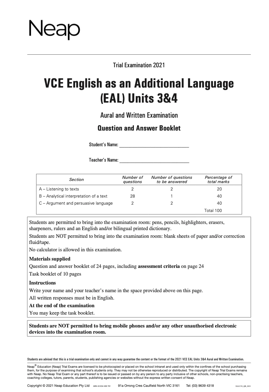 Neap Practice Exam: 2021 VCE English as an Additional Language (EAL) Units 3&4 (Digital)