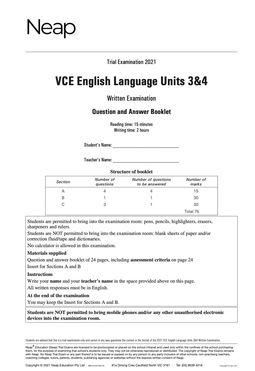 Neap Practice Exam: 2021 VCE English Language Units 3&4 (Digital)