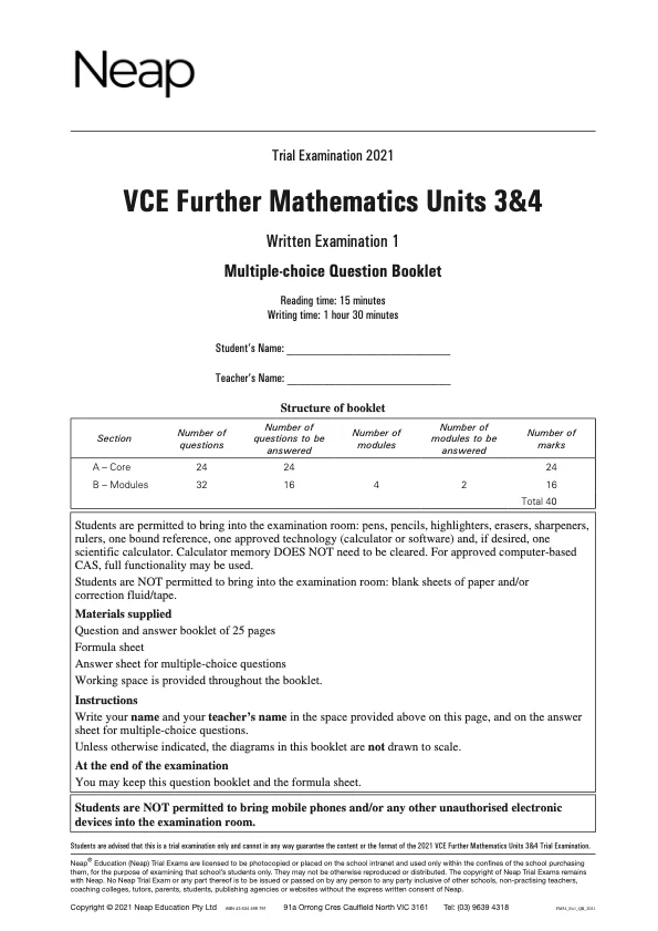 Neap Practice Exam: 2021 VCE Further Maths Units 3&4 (Exams 1&2) (Digital)