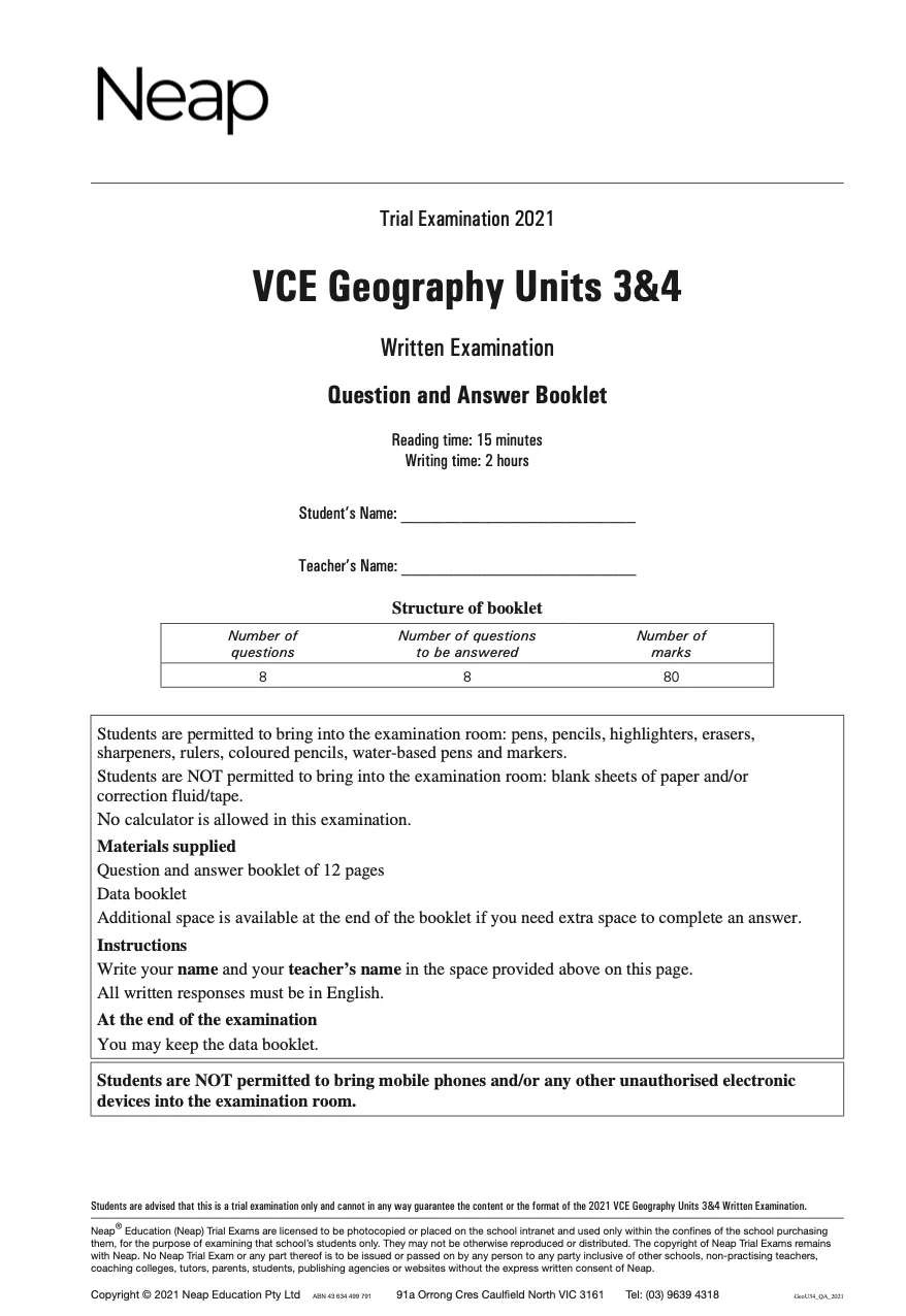 Neap Practice Exam: 2021 VCE Geography Units 3&4 (Digital)