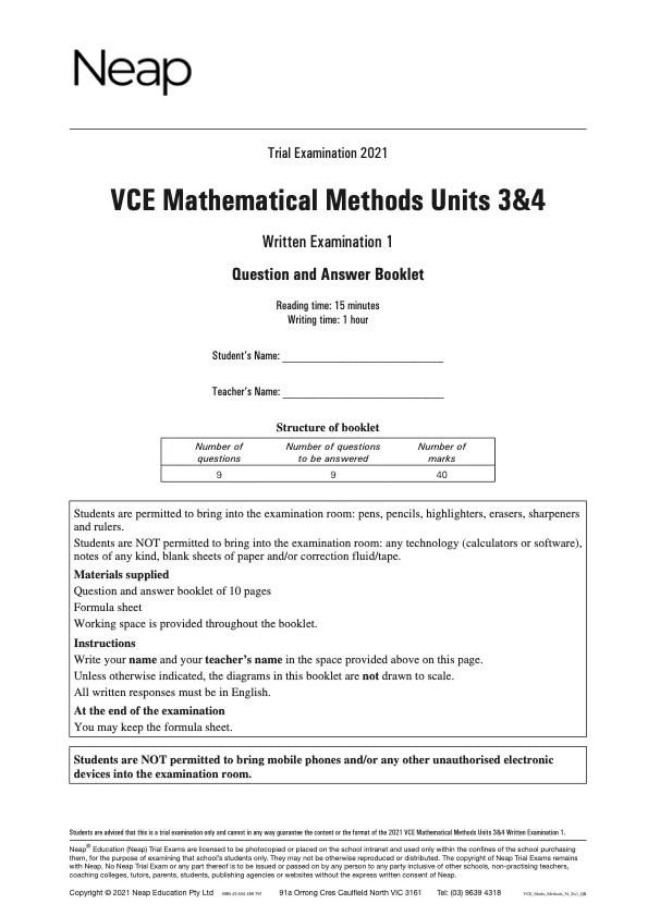 Neap Practice Exam: 2021 VCE Maths Methods Units 3&4 (Exams 1&2) (Digital)