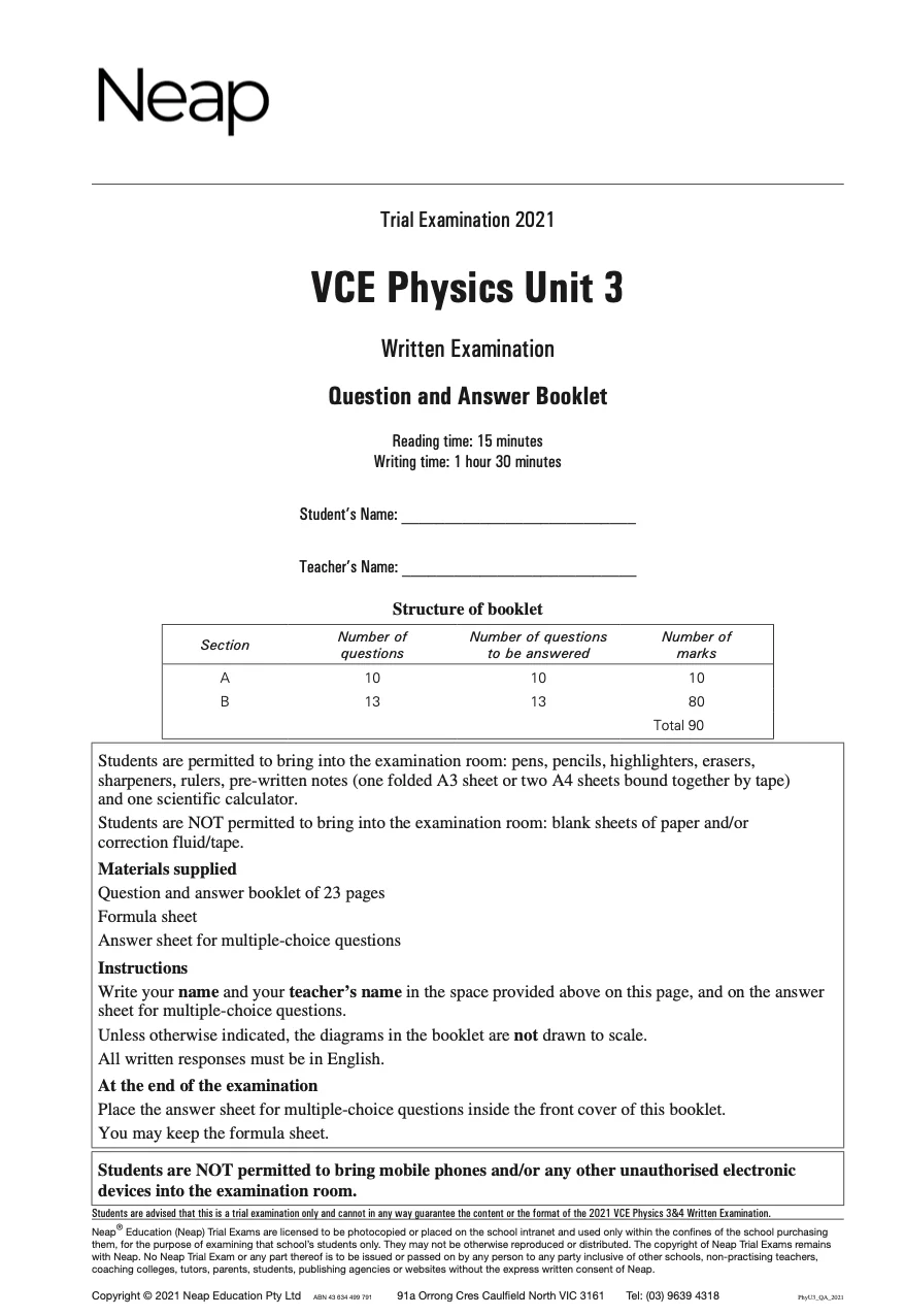 Neap Practice Exam: 2021 VCE Physics Unit 3 (Digital)