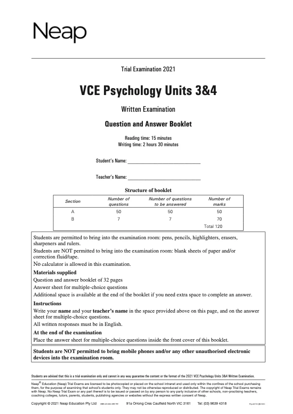 Neap Practice Exam: 2021 VCE Psychology Units 3&4 (Digital)