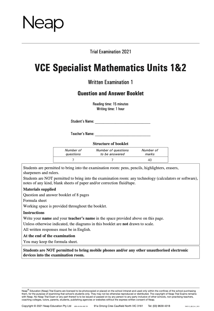 Neap Practice Exam: 2021 VCE Specialist Maths Units 1&2 (Digital)