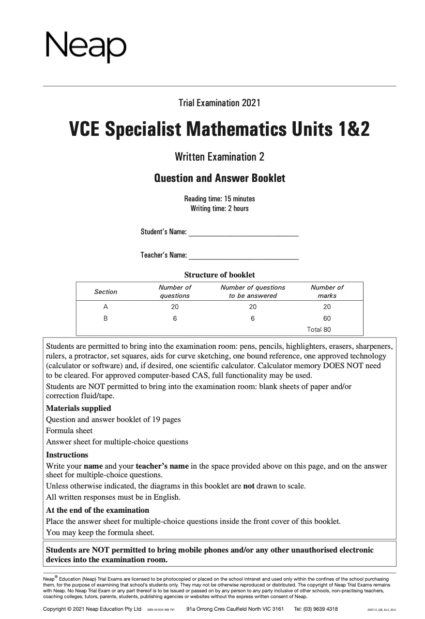 Neap Practice Exam: 2021 VCE Specialist Maths Units 1&2 (Digital) - Image 2