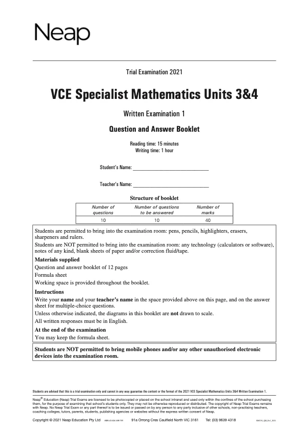 Neap Practice Exam: 2021 VCE Specialist Maths Units 3&4 (Digital)