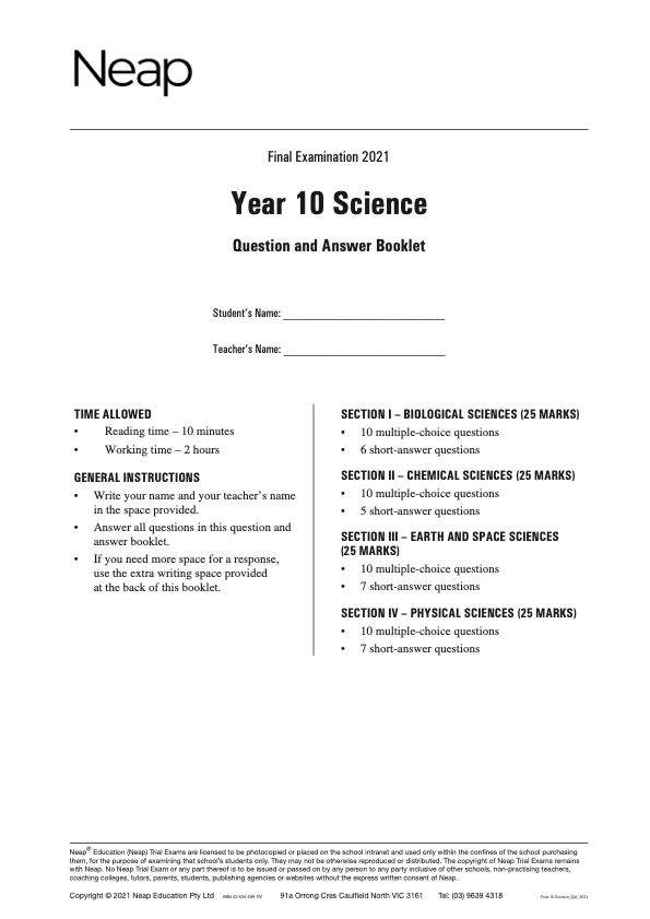 Neap Practice Exam: 2021 Year 10 Science (Digital)
