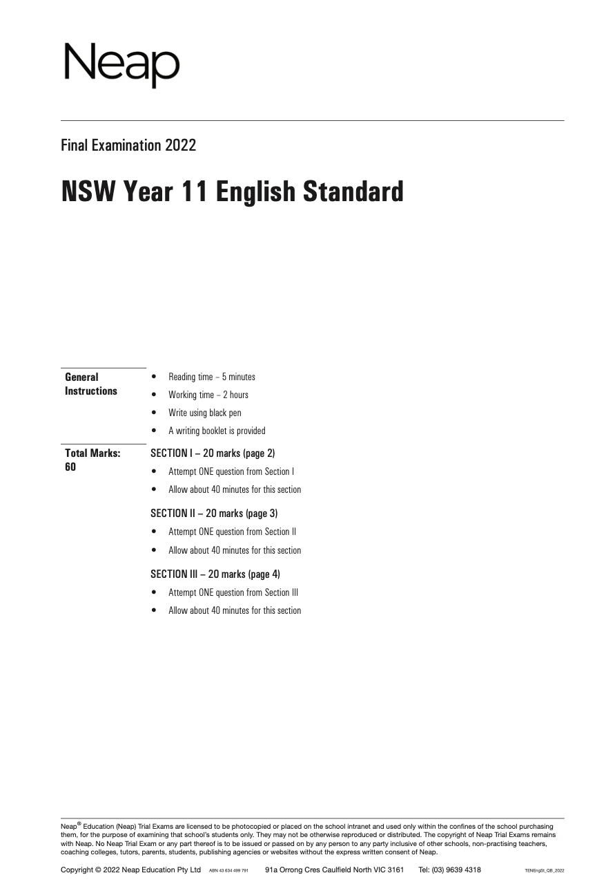 Neap Practice Exam: 2022 HSC Year 11 English Standard (Digital)