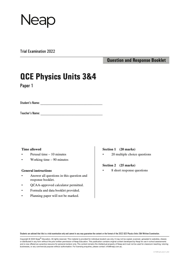 Neap Practice Exam: 2022 QCE Physics Units 3&4 (Papers 1&2) (Digital)