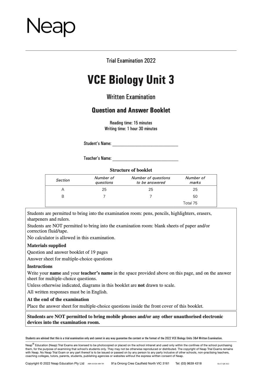 Neap Practice Exam: 2022 VCE Biology Unit 3 (Digital)