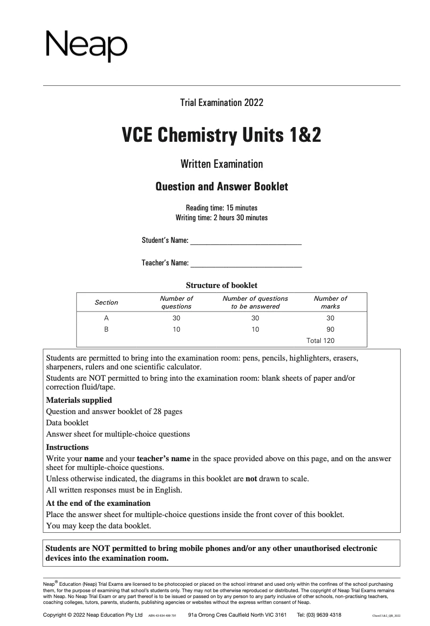 Neap Practice Exam: 2022 VCE Chemistry Units 1&2 (Digital)