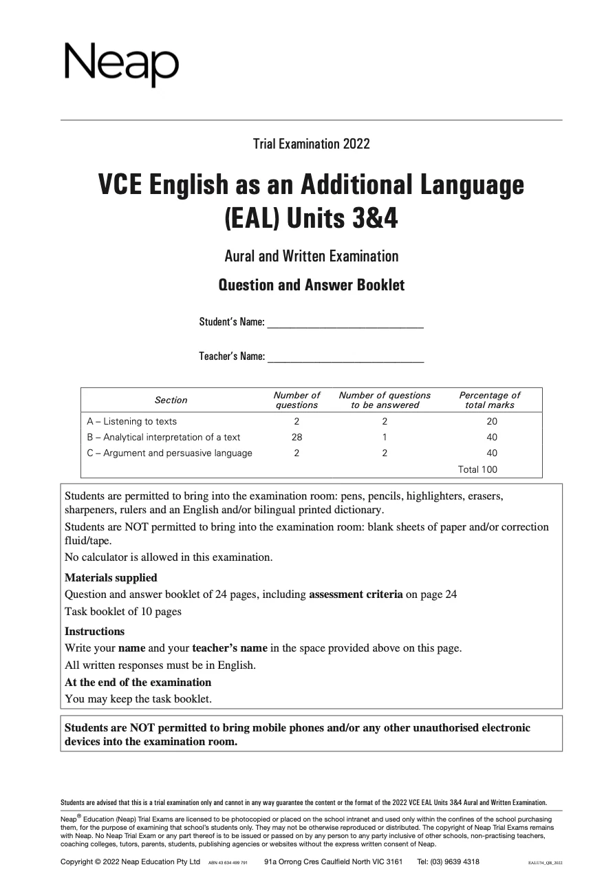 Neap Practice Exam: 2022 VCE English as an Additional Language (EAL) Units 3&4 (Digital)