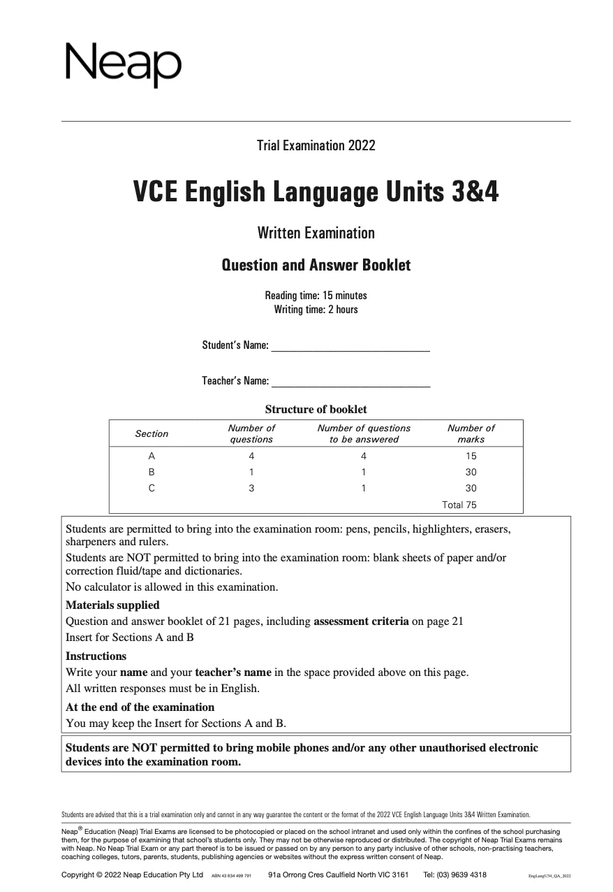 Neap Practice Exam: 2022 VCE English Language Units 3&4 (Digital)