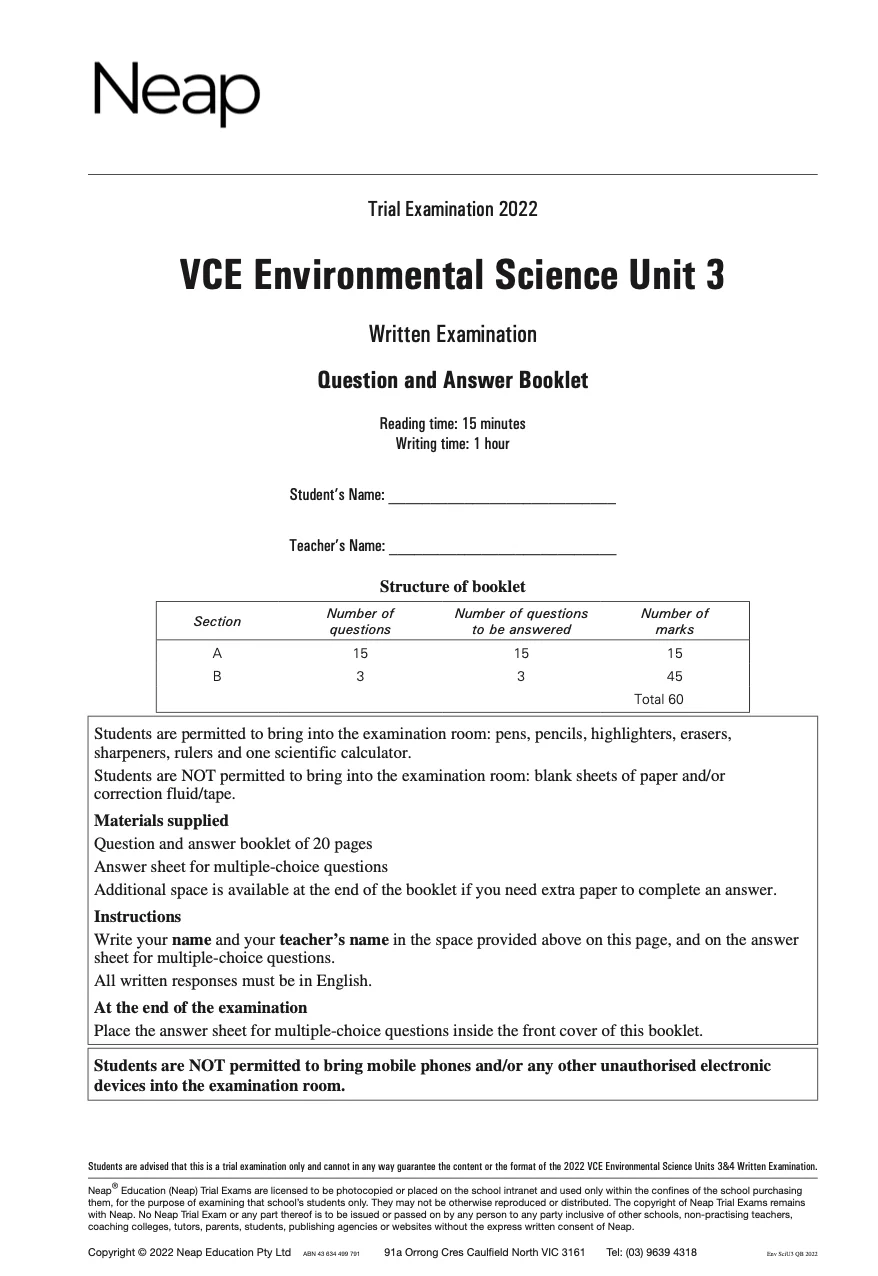 Neap Practice Exam: 2022 VCE Environmental Science Unit 3 (Digital)