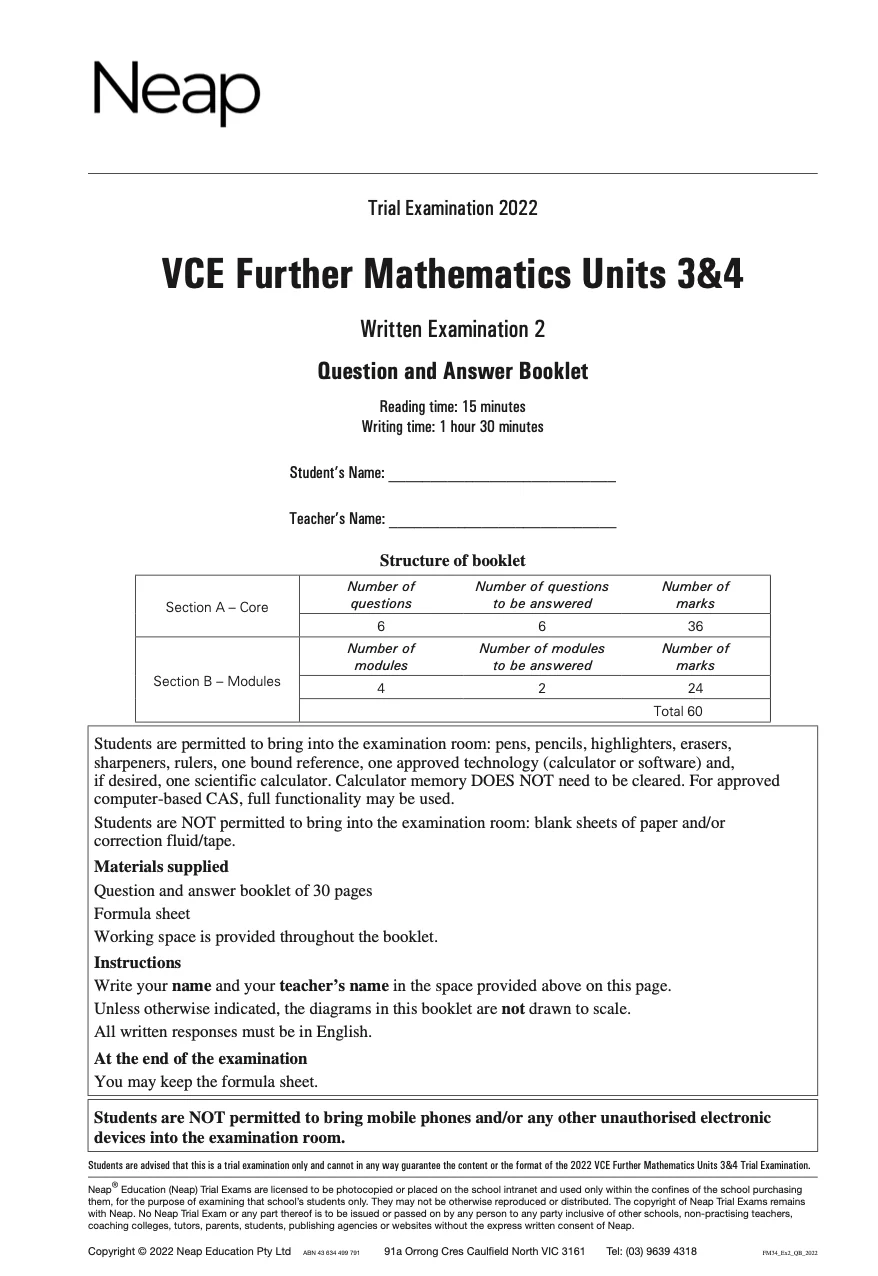 Neap Practice Exam: 2022 VCE Further Maths Units 3&4 (Digital) - Image 2