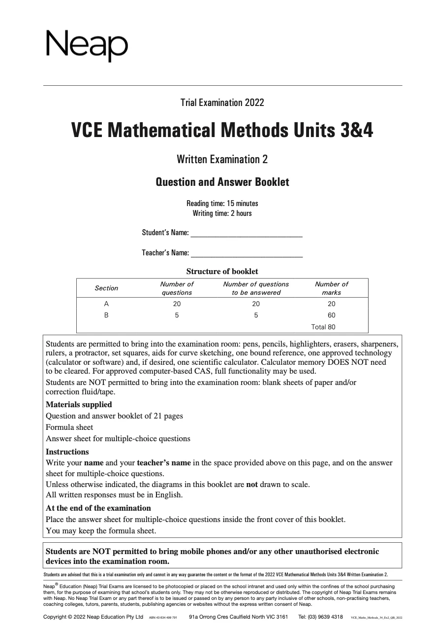Neap Practice Exam: 2022 VCE Maths Methods Units 3&4 (Digital) - Image 2
