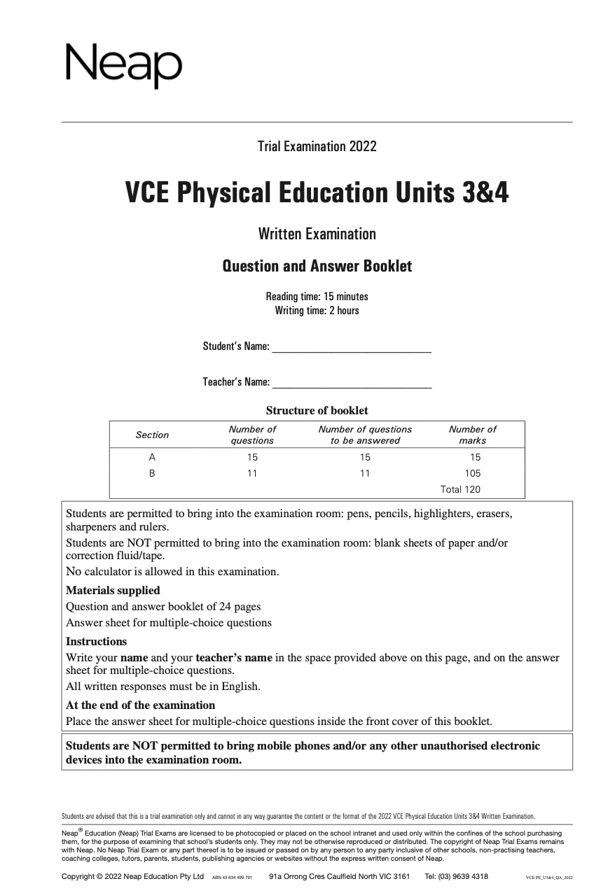 Neap Practice Exam: 2022 VCE Physical Education (PE) Units 3&4 (Digital)