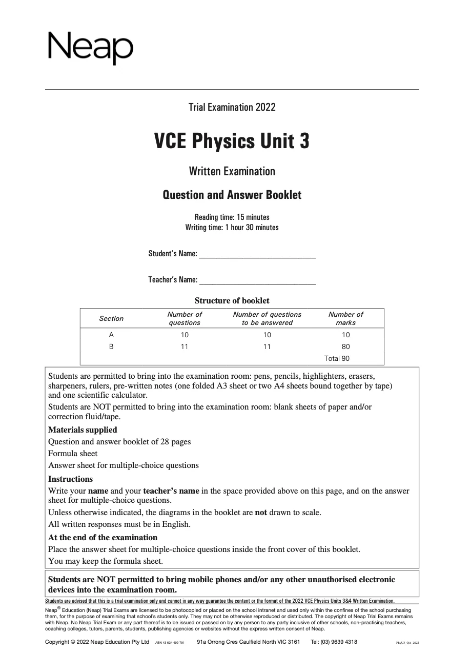 Neap Practice Exam: 2022 VCE Physics Unit 3 (Digital)