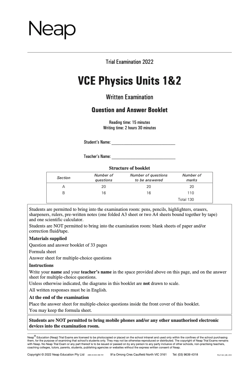 Neap Practice Exam: 2022 VCE Physics Units 1&2 (Digital)