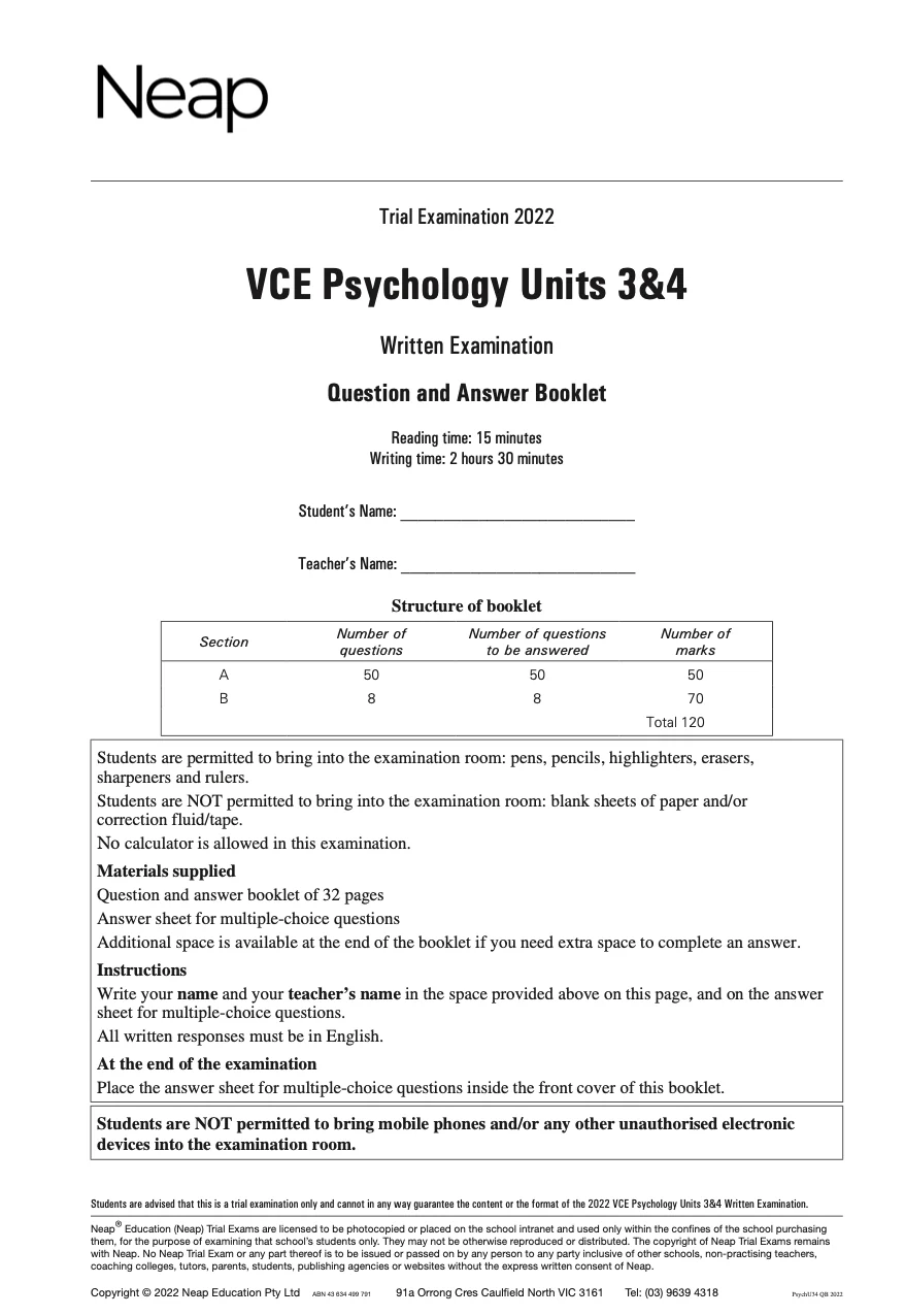 Neap Practice Exam: 2022 VCE Psychology Units 3&4 (Digital)