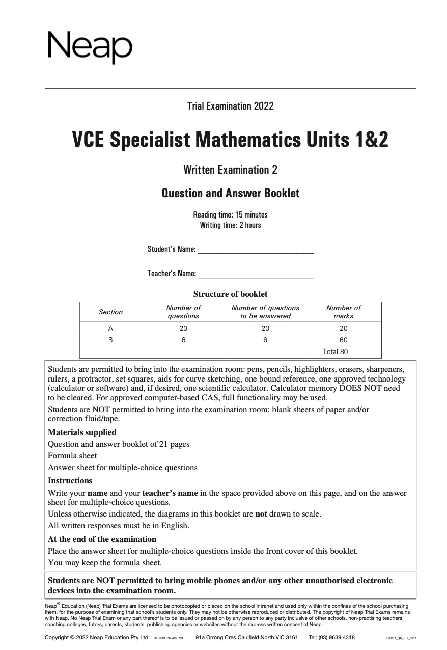 Neap Practice Exam: 2022 VCE Specialist Maths Units 1&2 (Digital)