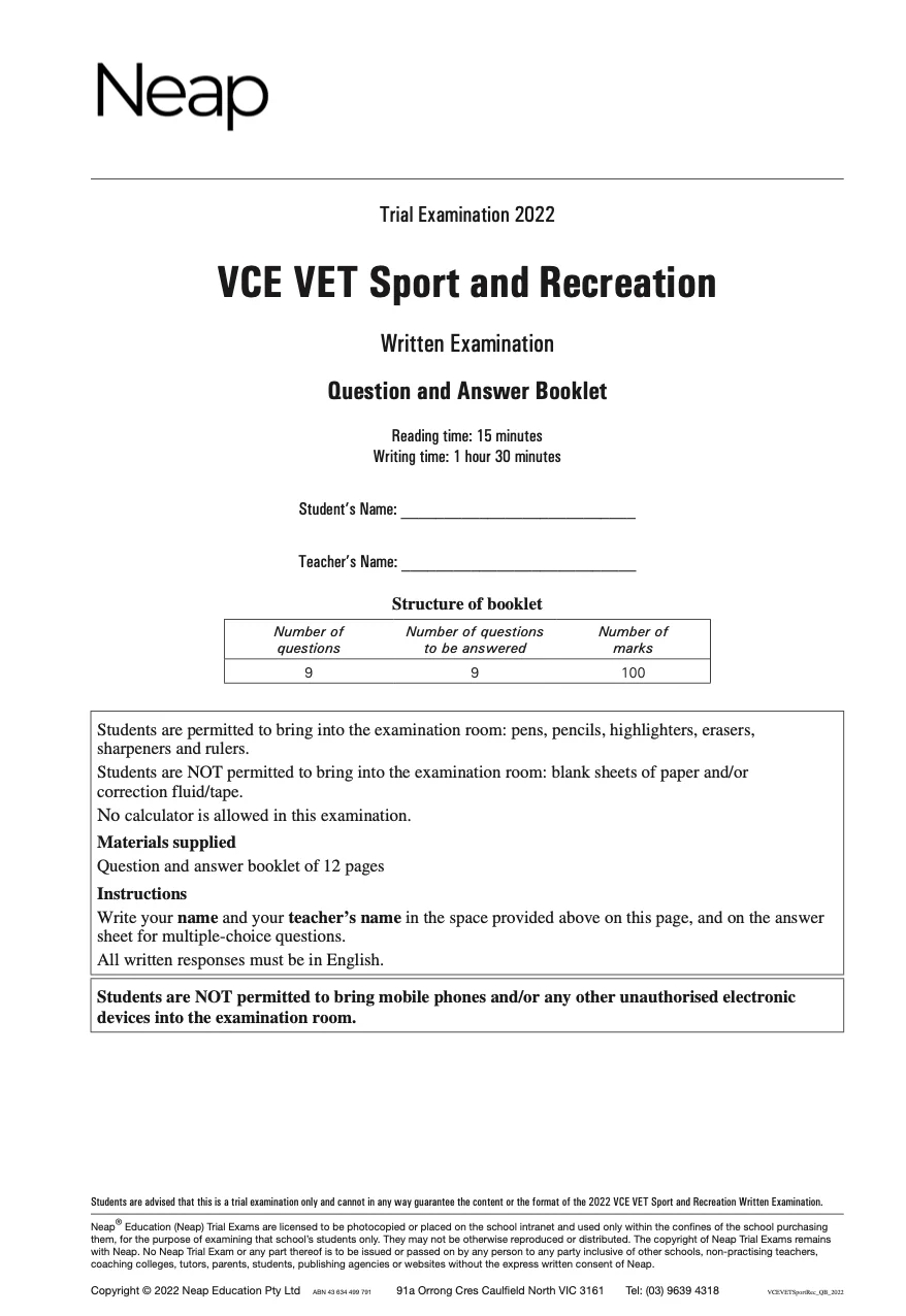 Neap Practice Exam: 2022 VCE VET Sport and Recreation (Digital)