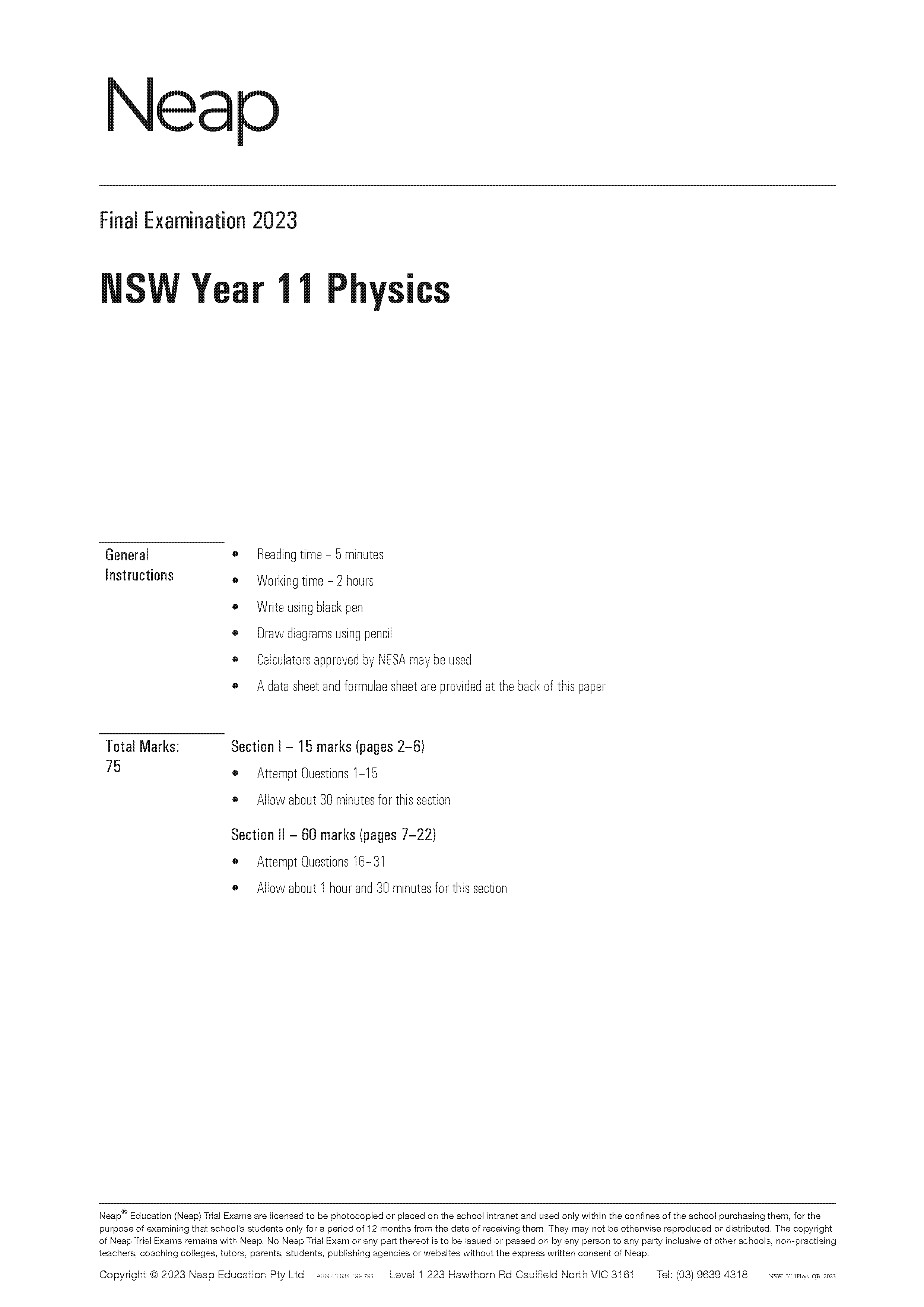 Neap Practice Exam: 2023 HSC Year 11 Physics (Digital)