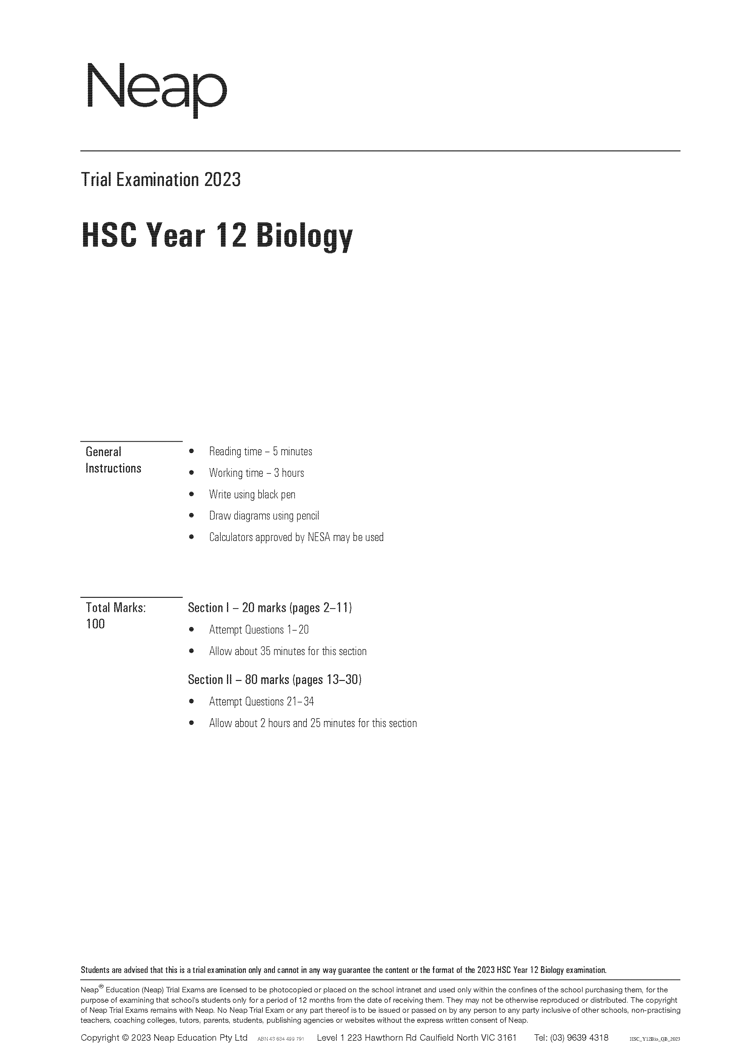 Neap Practice Exam: 2023 HSC Year 12 Biology (Digital)