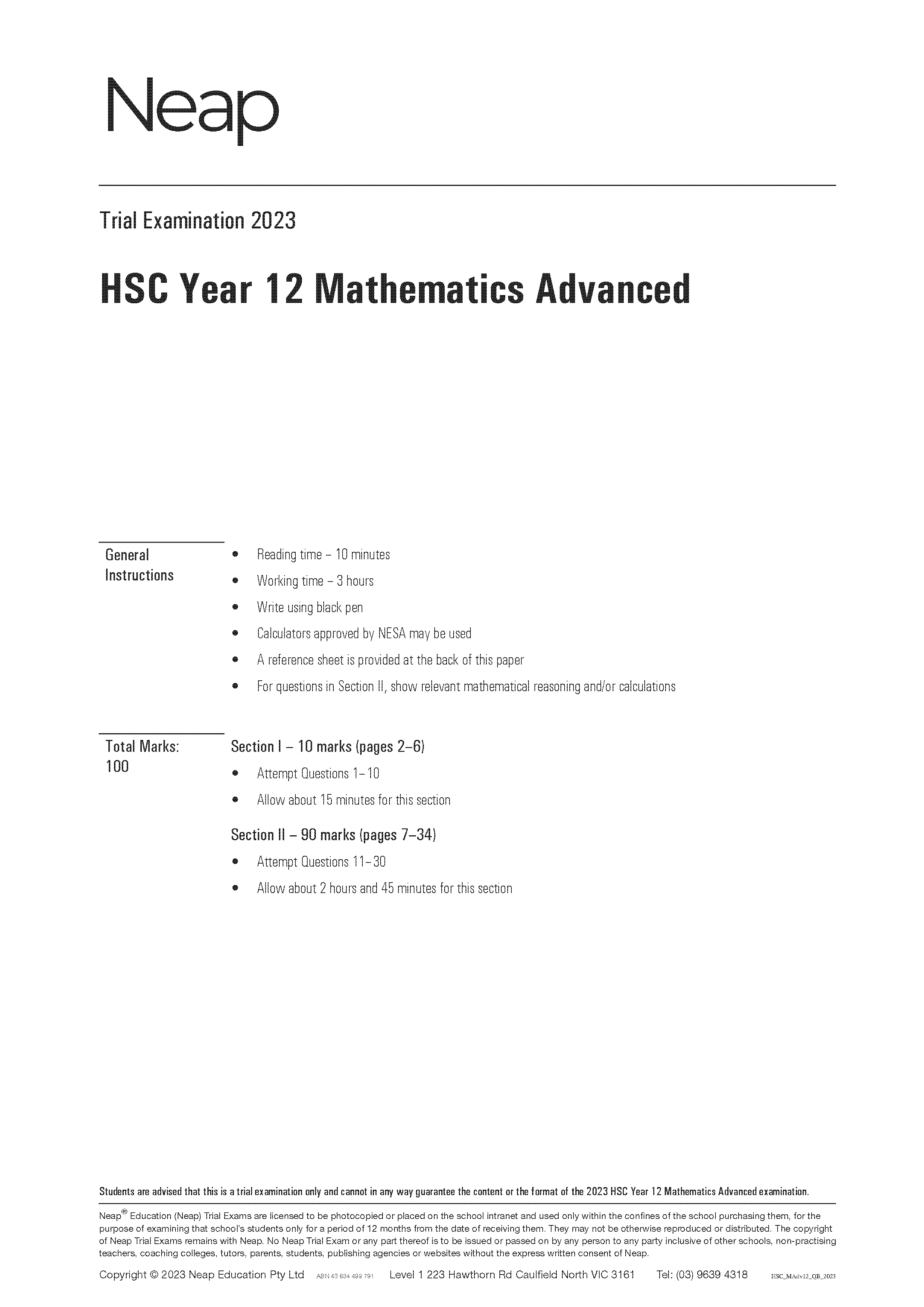 Neap Practice Exam: 2023 HSC Year 12 Maths Advanced (Digital)