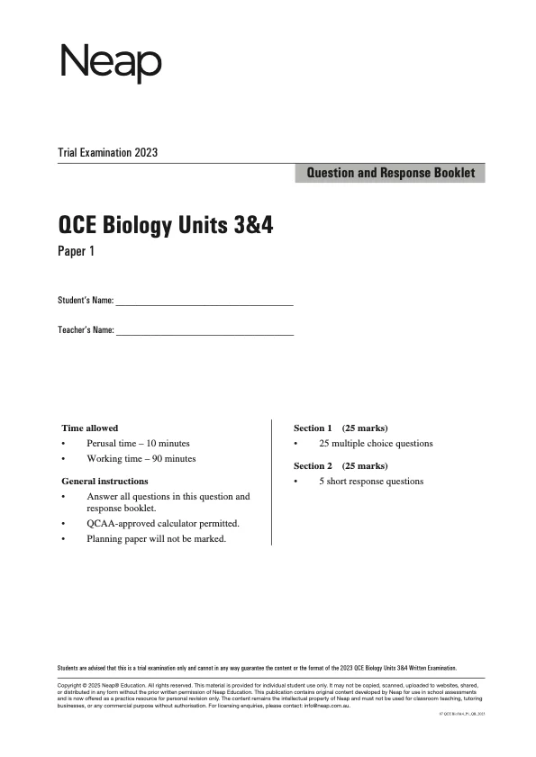 Neap Practice Exam: 2023 QCE Biology Units 3&4 (Papers 1 and 2) (Digital)