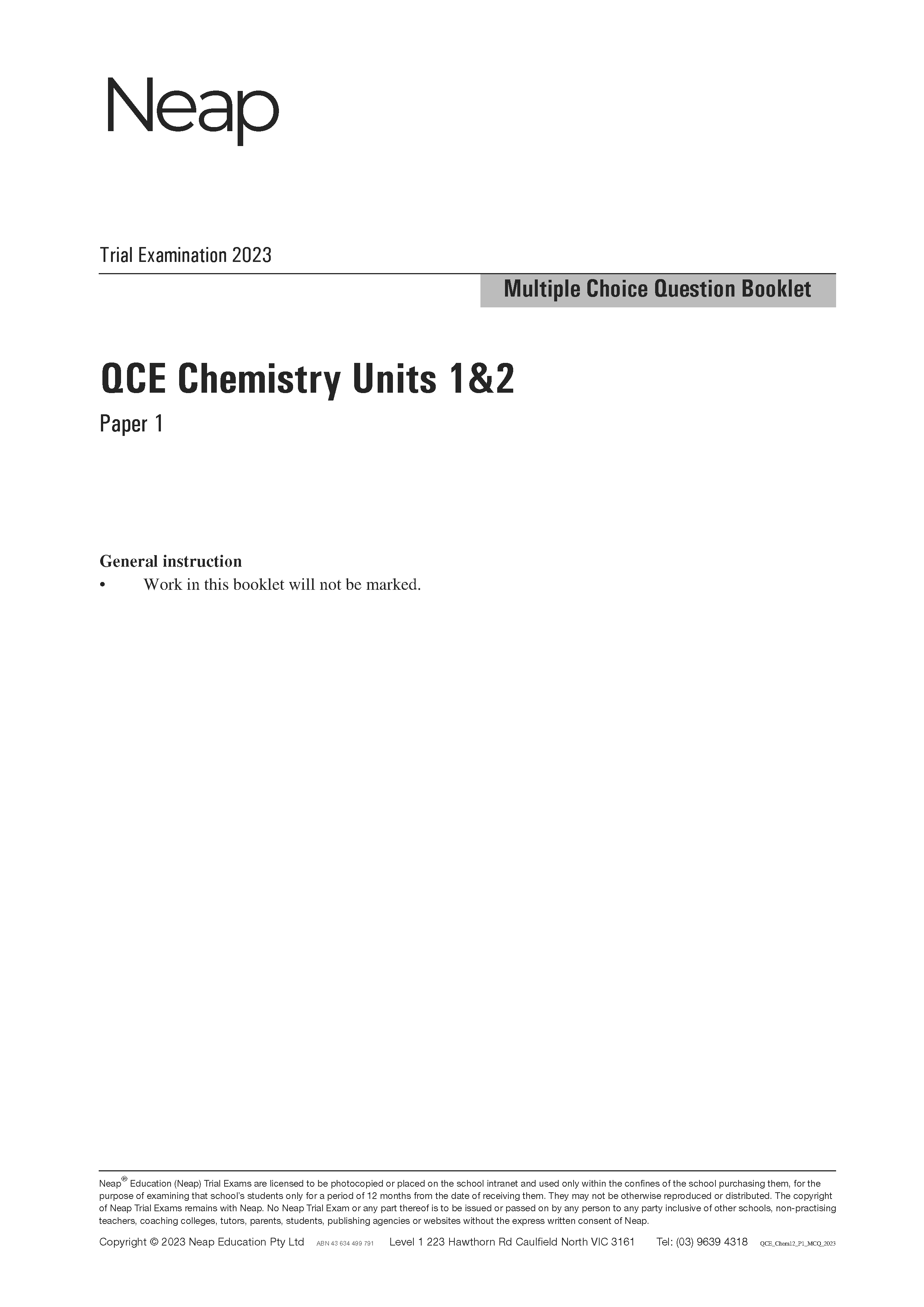 Neap Practice Exam: 2023 QCE Chemistry Units 1&2 (Papers 1 and 2) (Digital)