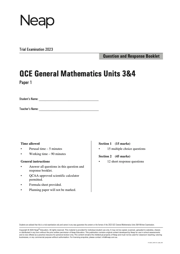 Neap Practice Exam: 2023 QCE General Maths Units 3&4 (Papers 1 and 2) (Digital)