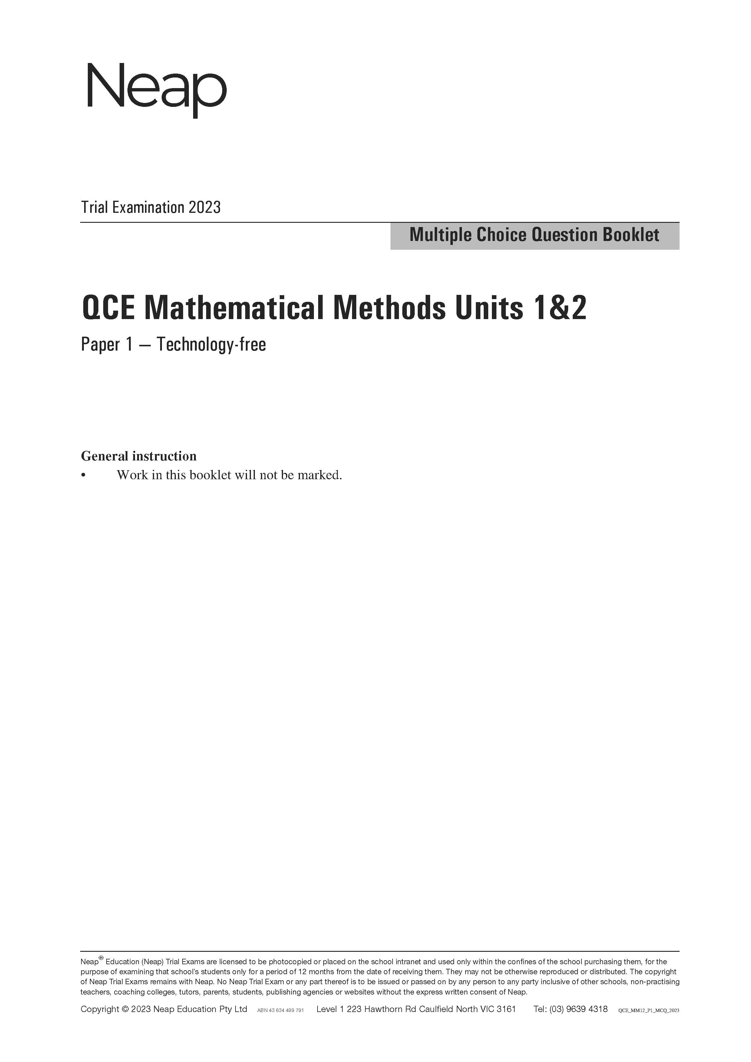 Neap Practice Exam: 2023 QCE Maths Methods Units 1&2 (Papers 1 and 2) (Digital)