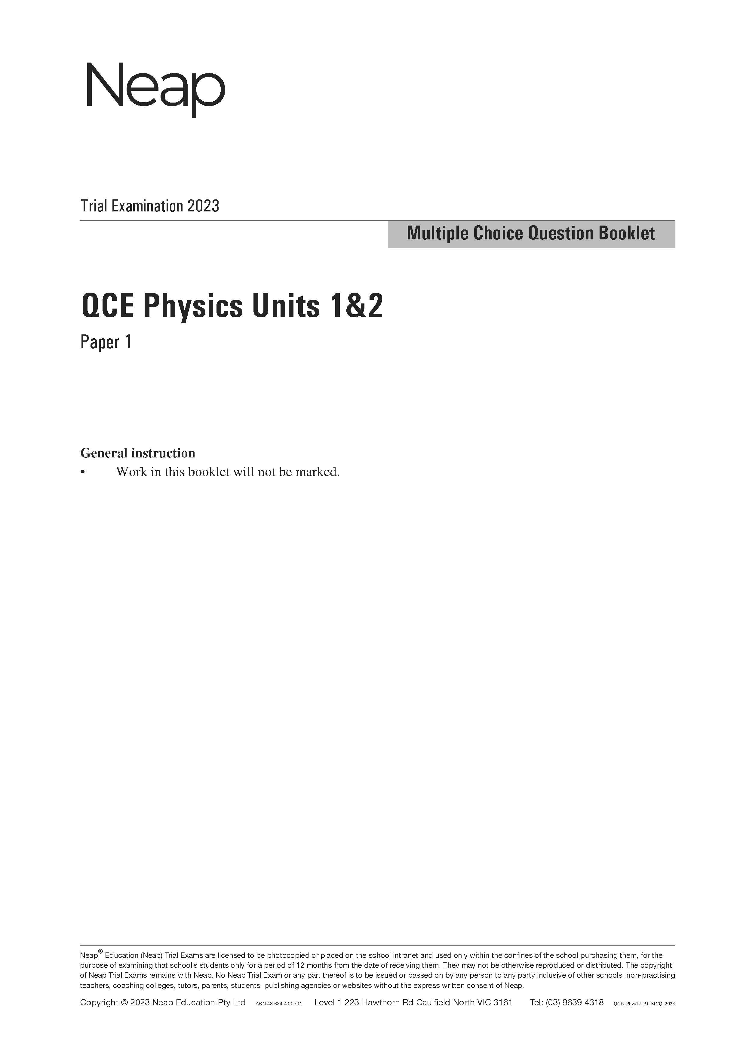 Neap Practice Exam: 2023 QCE Physics Units 1&2 (Papers 1 and 2) (Digital)