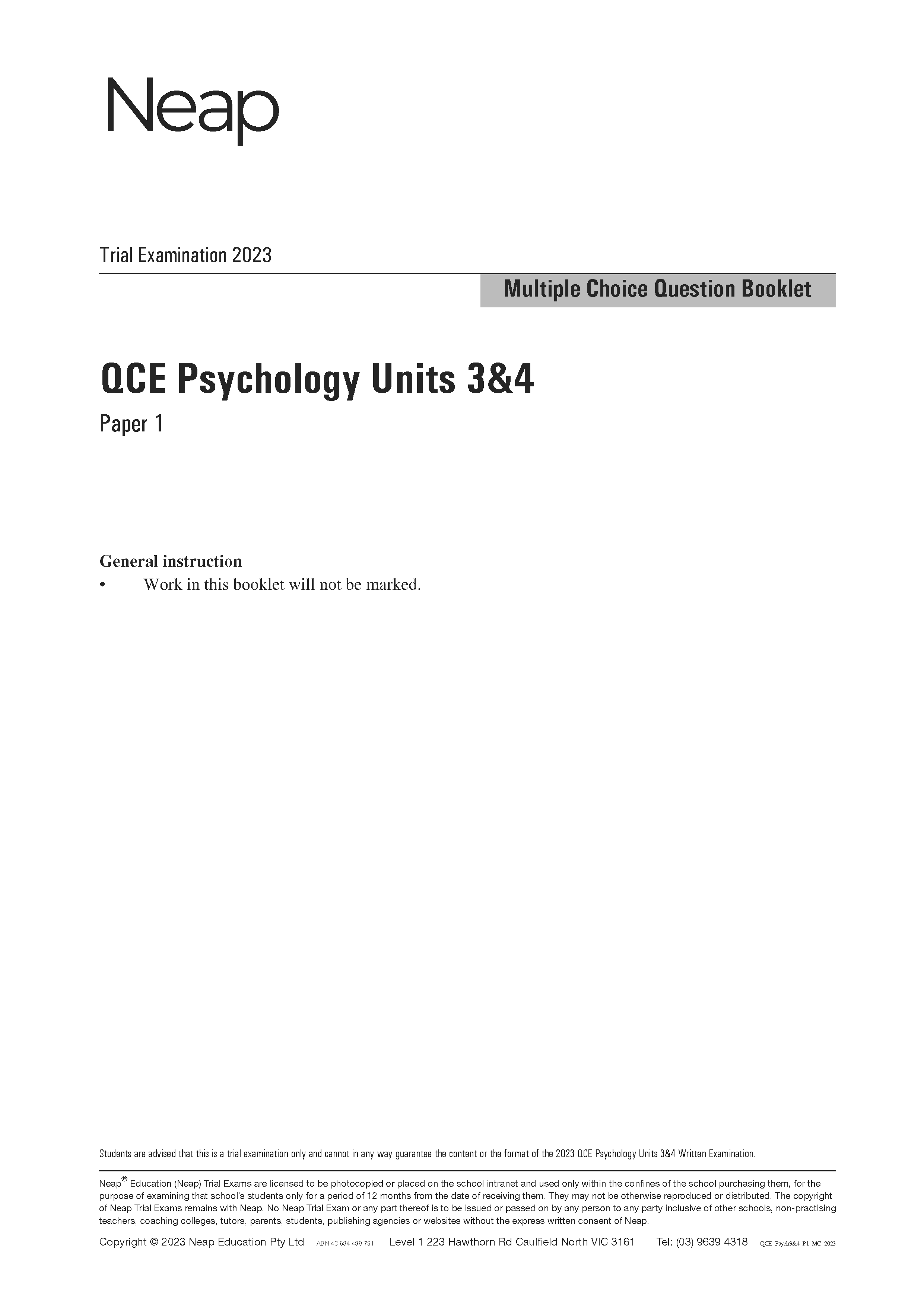 Neap Practice Exam: 2023 QCE Psychology Units 3&4 (Papers 1 and 2) (Digital)