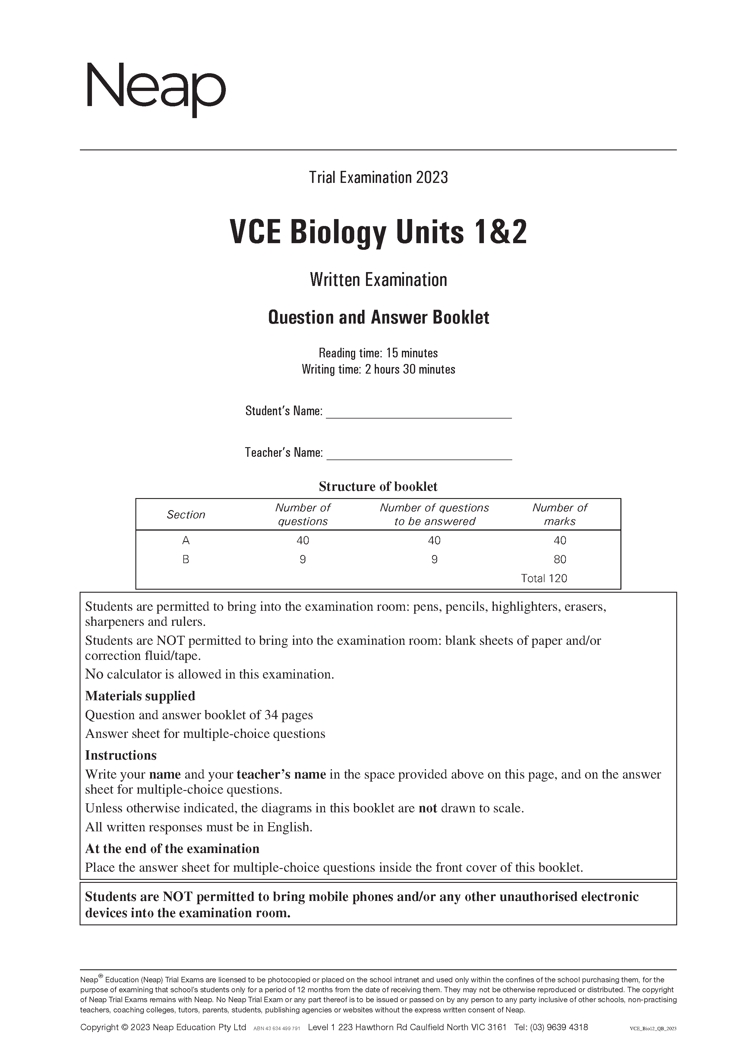 Neap Practice Exam: 2023 VCE Biology Units 1&2 (Digital)