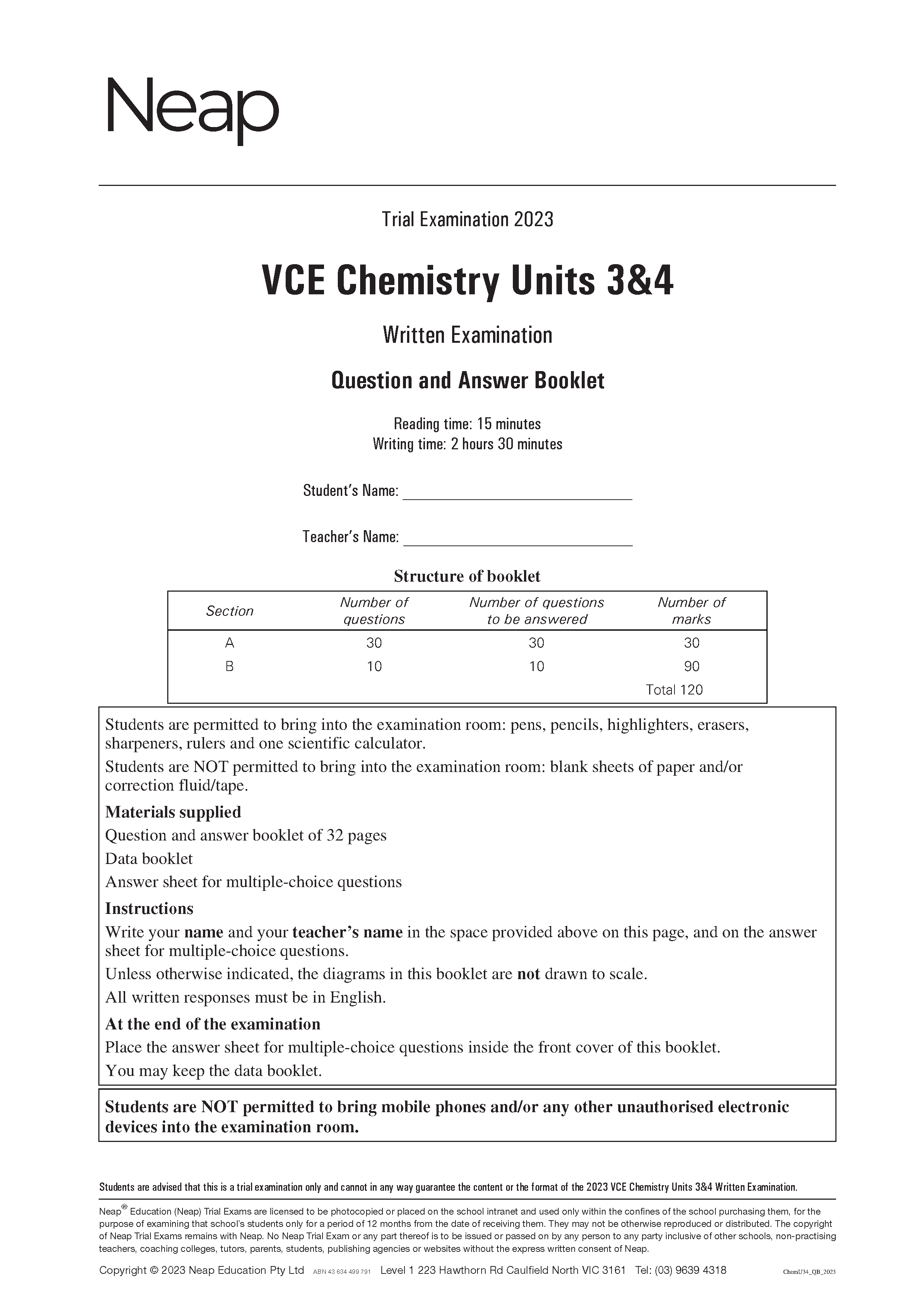 Neap Practice Exam: 2023 VCE Chemistry Units 3&4 (Digital)