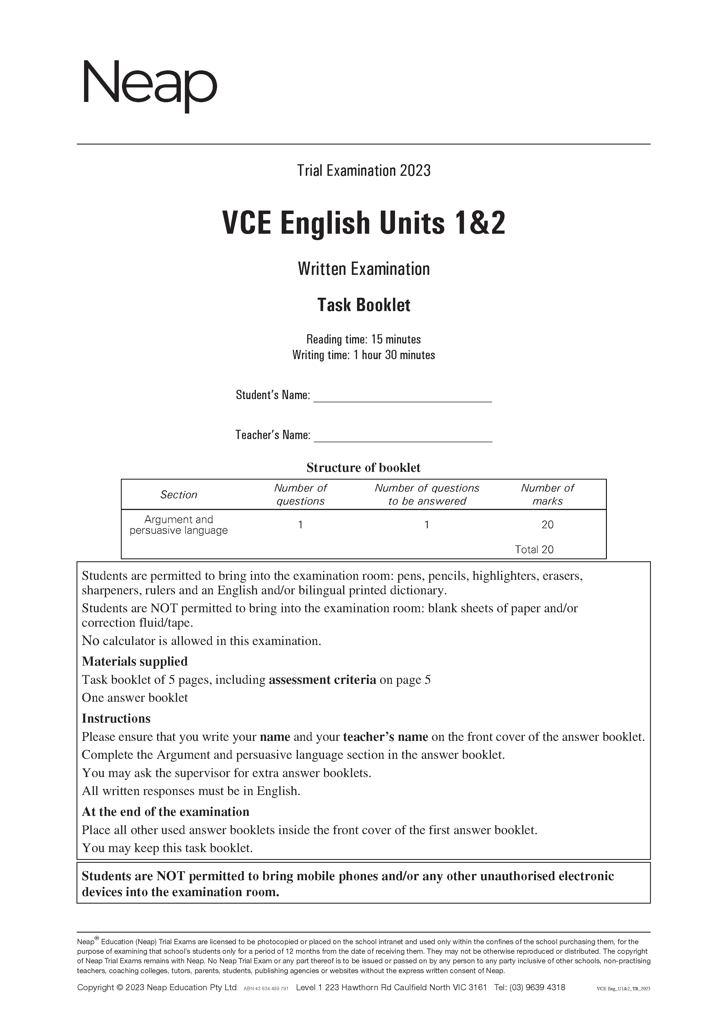 Neap Practice Exam: 2023 VCE English Units 1&2 (Digital)