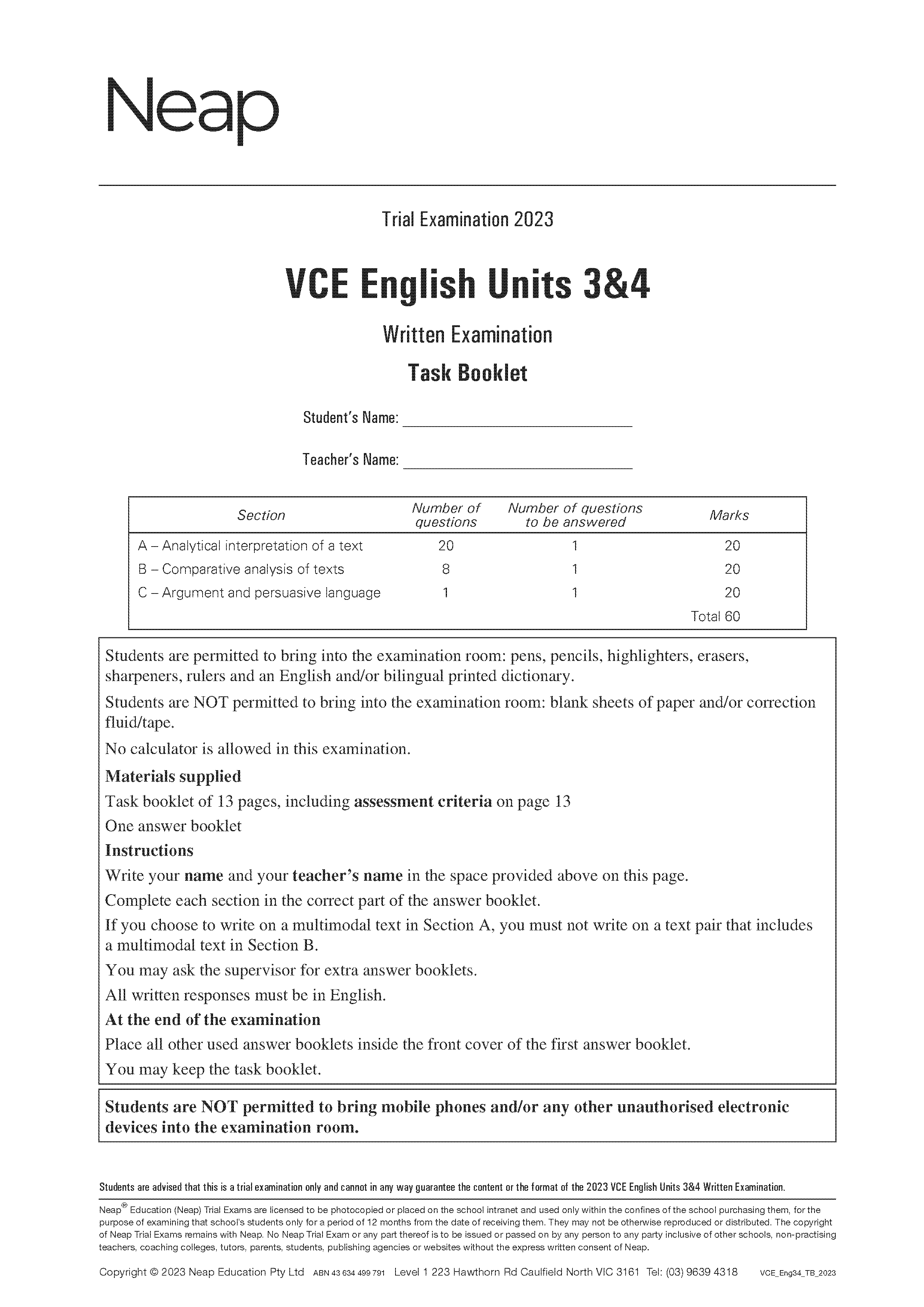 Neap Practice Exam: 2023 VCE English Units 3&4 (Digital)