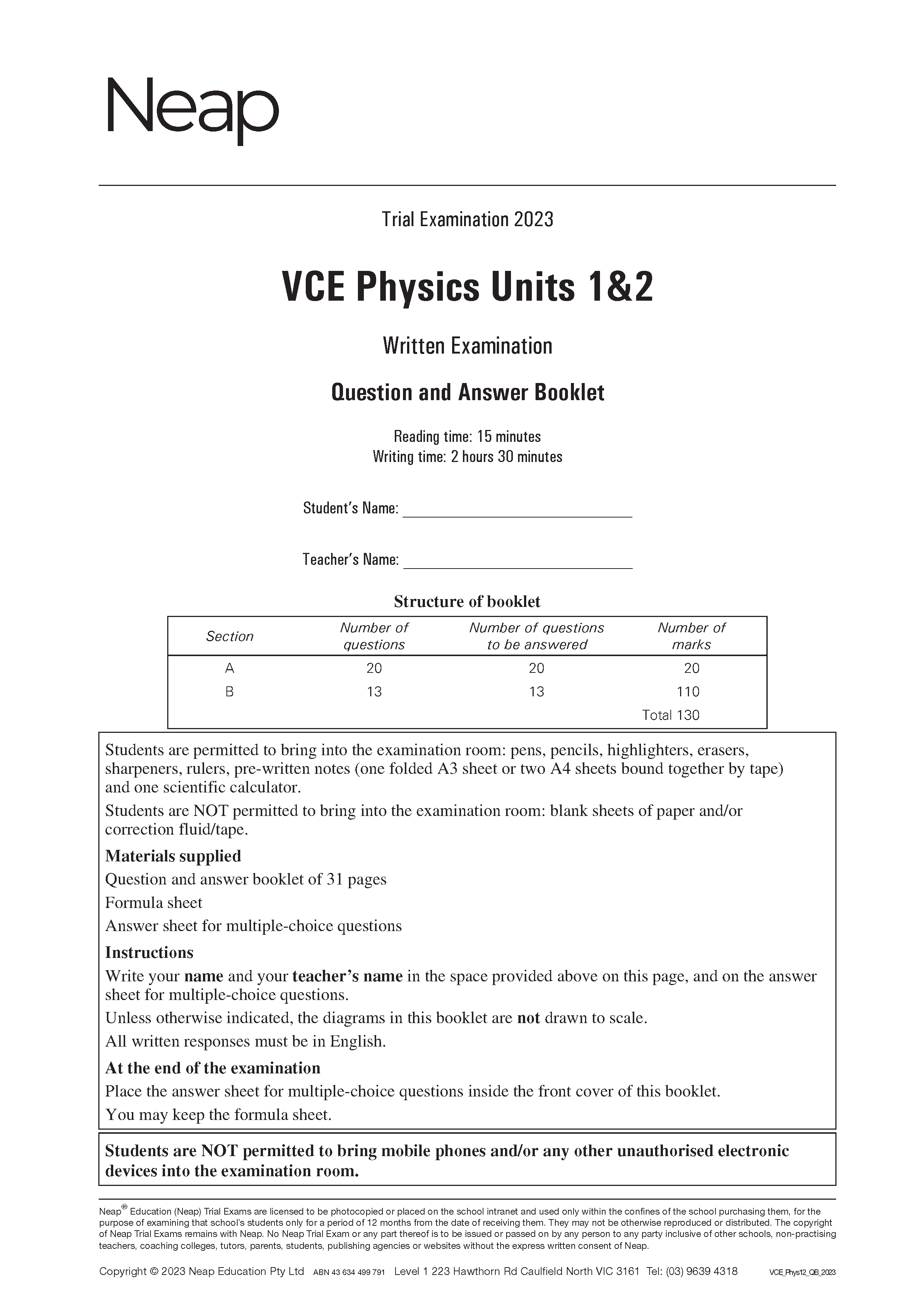 Neap Practice Exam: 2023 VCE Physics Units 1&2 (Digital)
