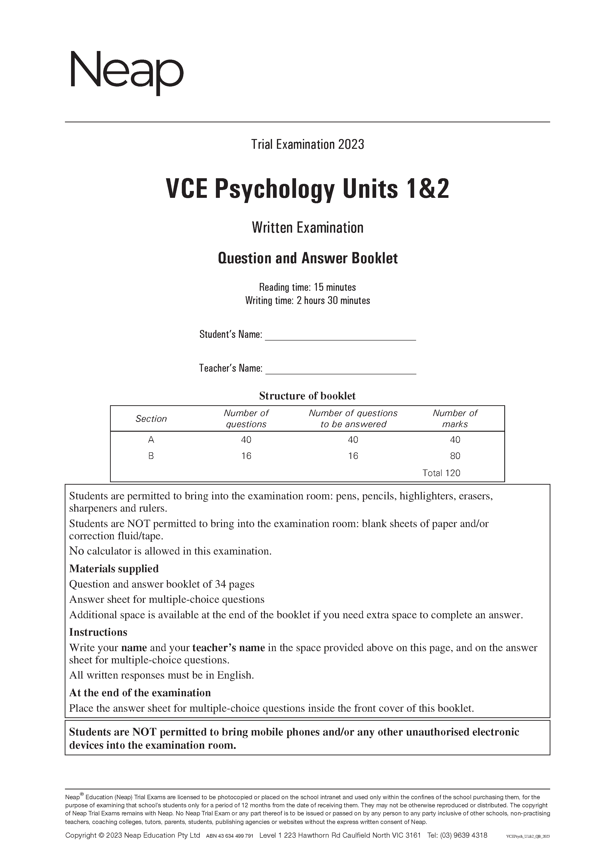 Neap Practice Exam: 2023 VCE Psychology Units 1&2 (Digital)