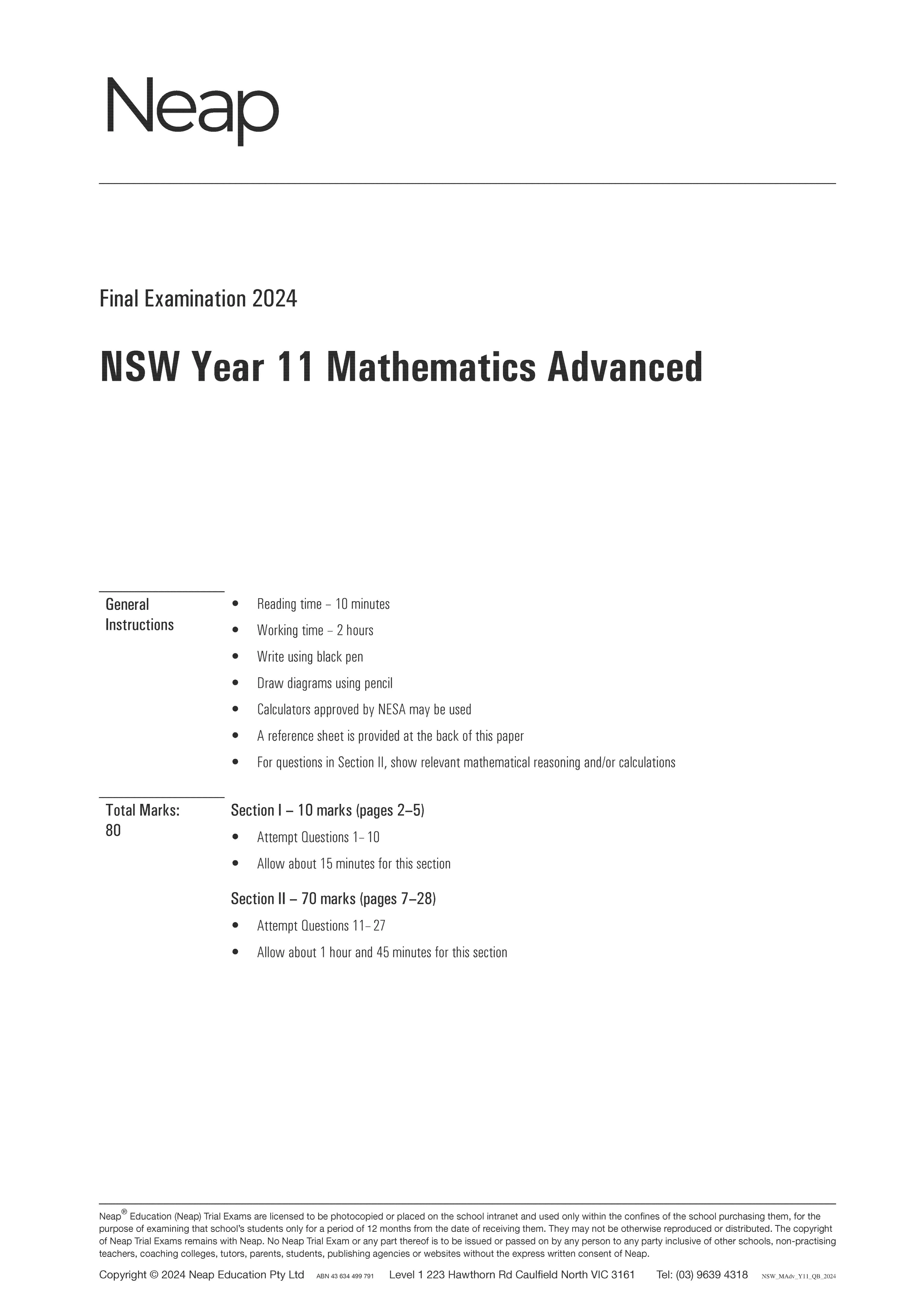 Neap Practice Exam: 2024 HSC Year 11 Maths Advanced (Digital)
