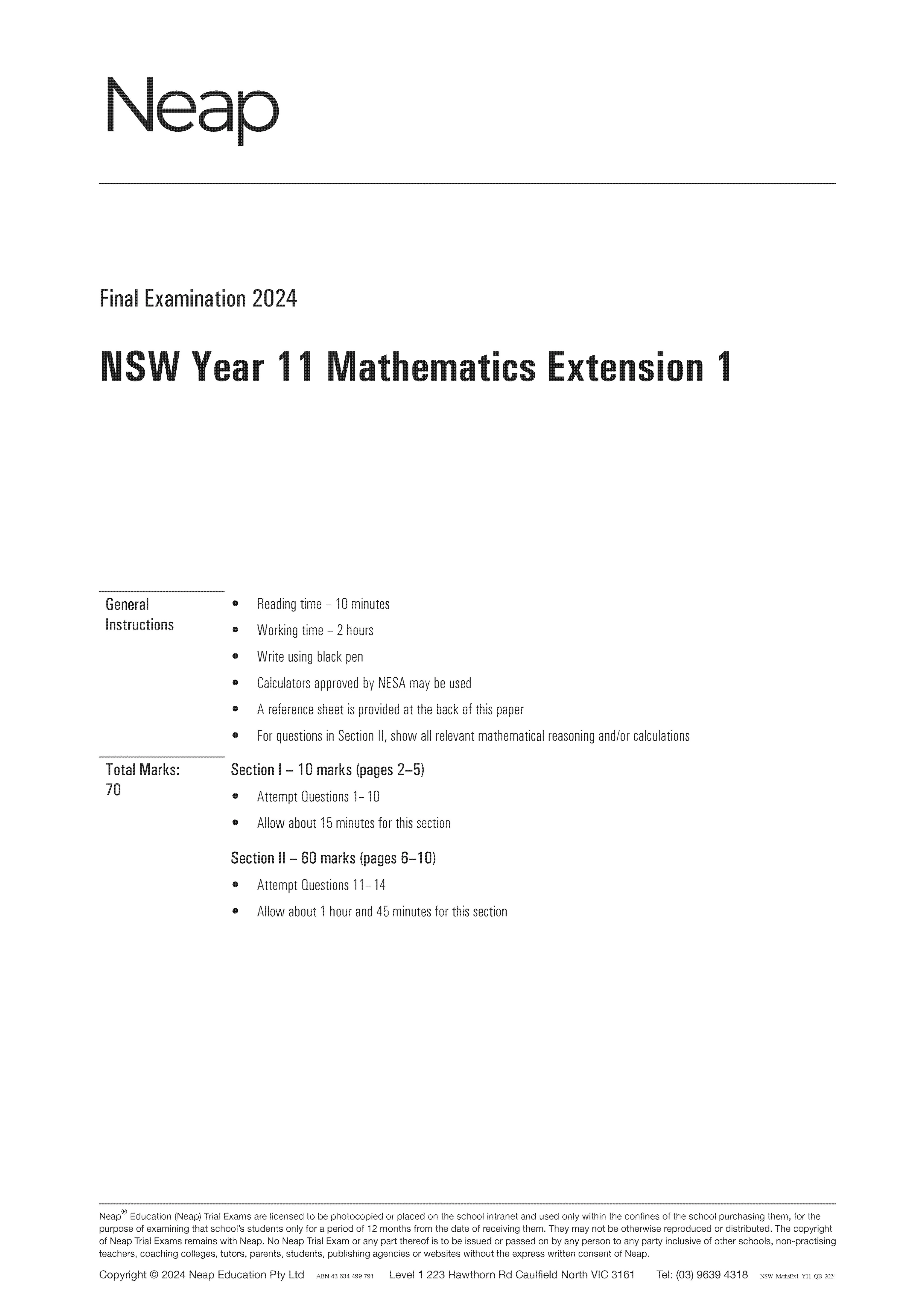 Neap Practice Exam: 2024 HSC Year 11 Maths Extension 1 (Digital)