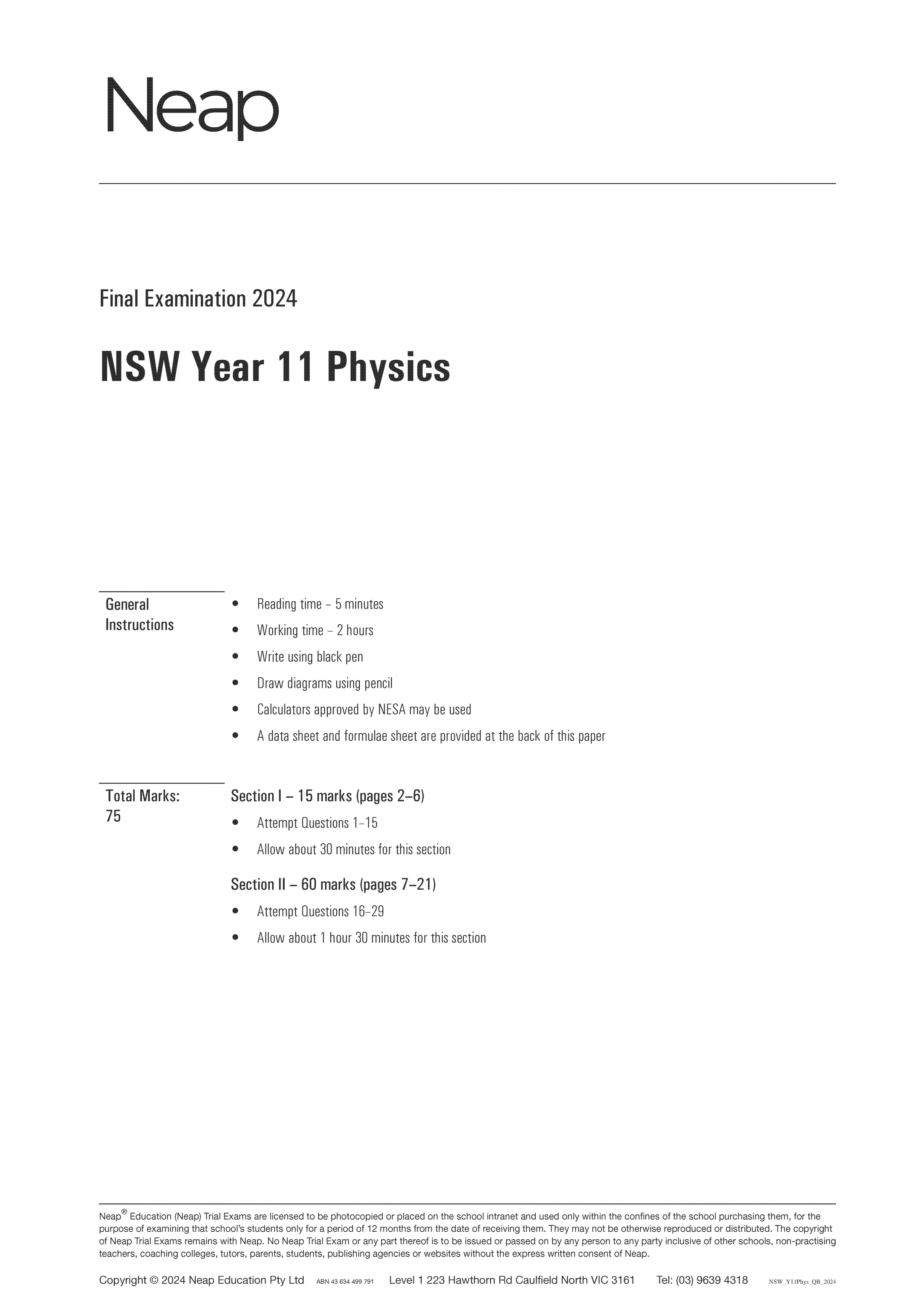 Neap Practice Exam: 2024 HSC Year 11 Physics (Digital)