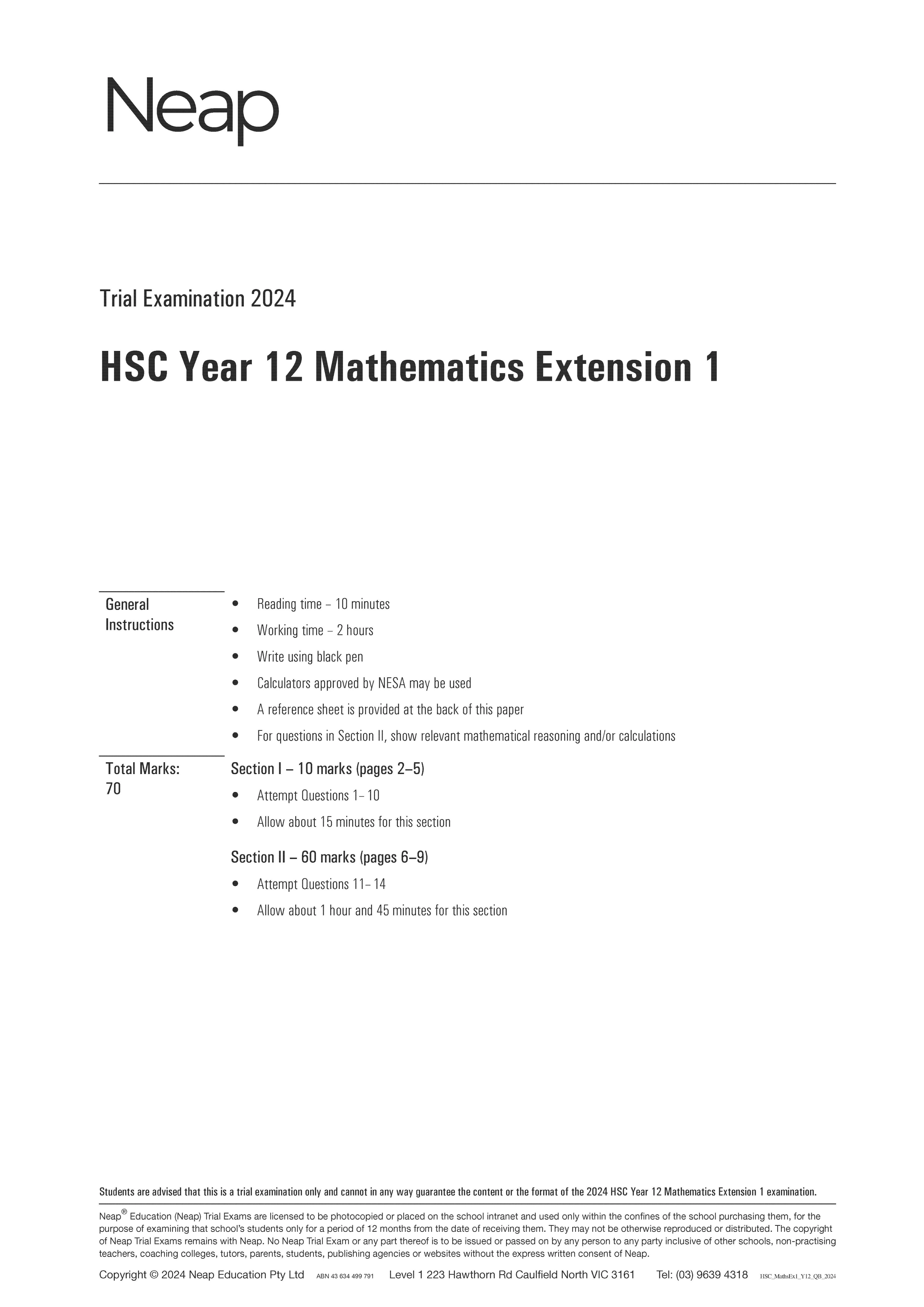 Neap Practice Exam: 2024 HSC Year 12 Maths Extension 1 (Digital)