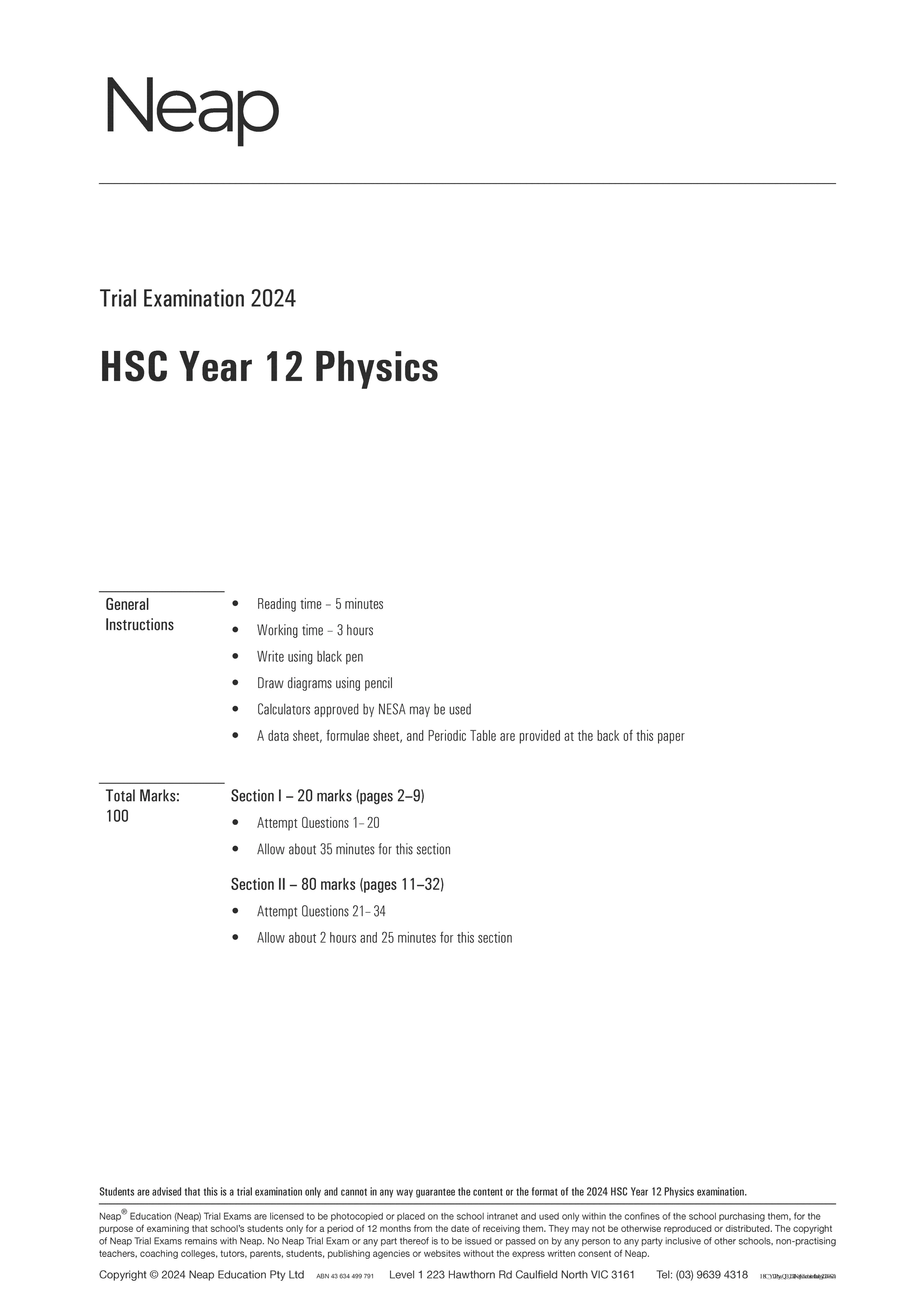 Neap Practice Exam: 2024 HSC Year 12 Physics (Digital)