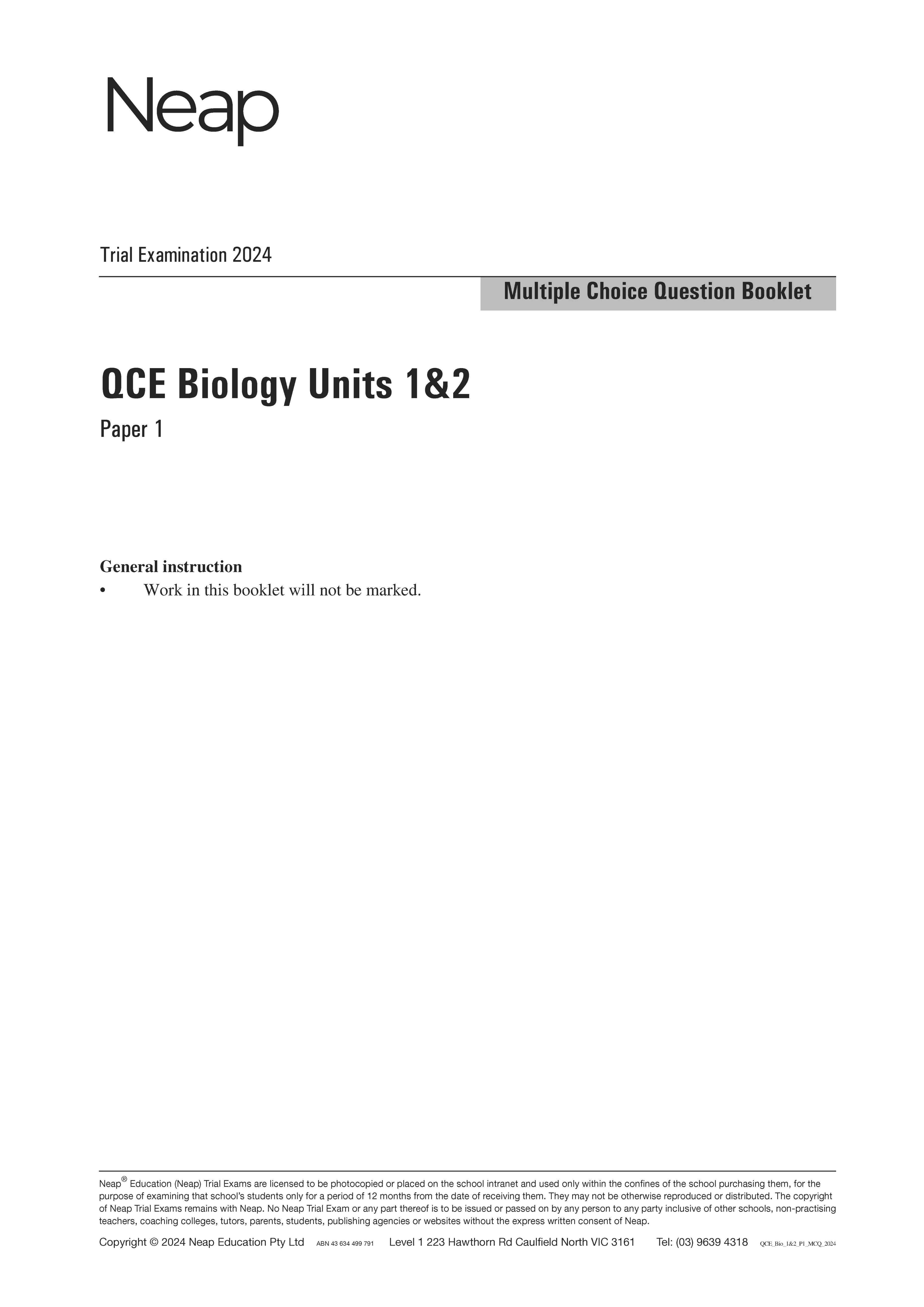 Neap Practice Exam: 2024 QCE Biology Units 1&2 (Papers 1 and 2) (Digital)