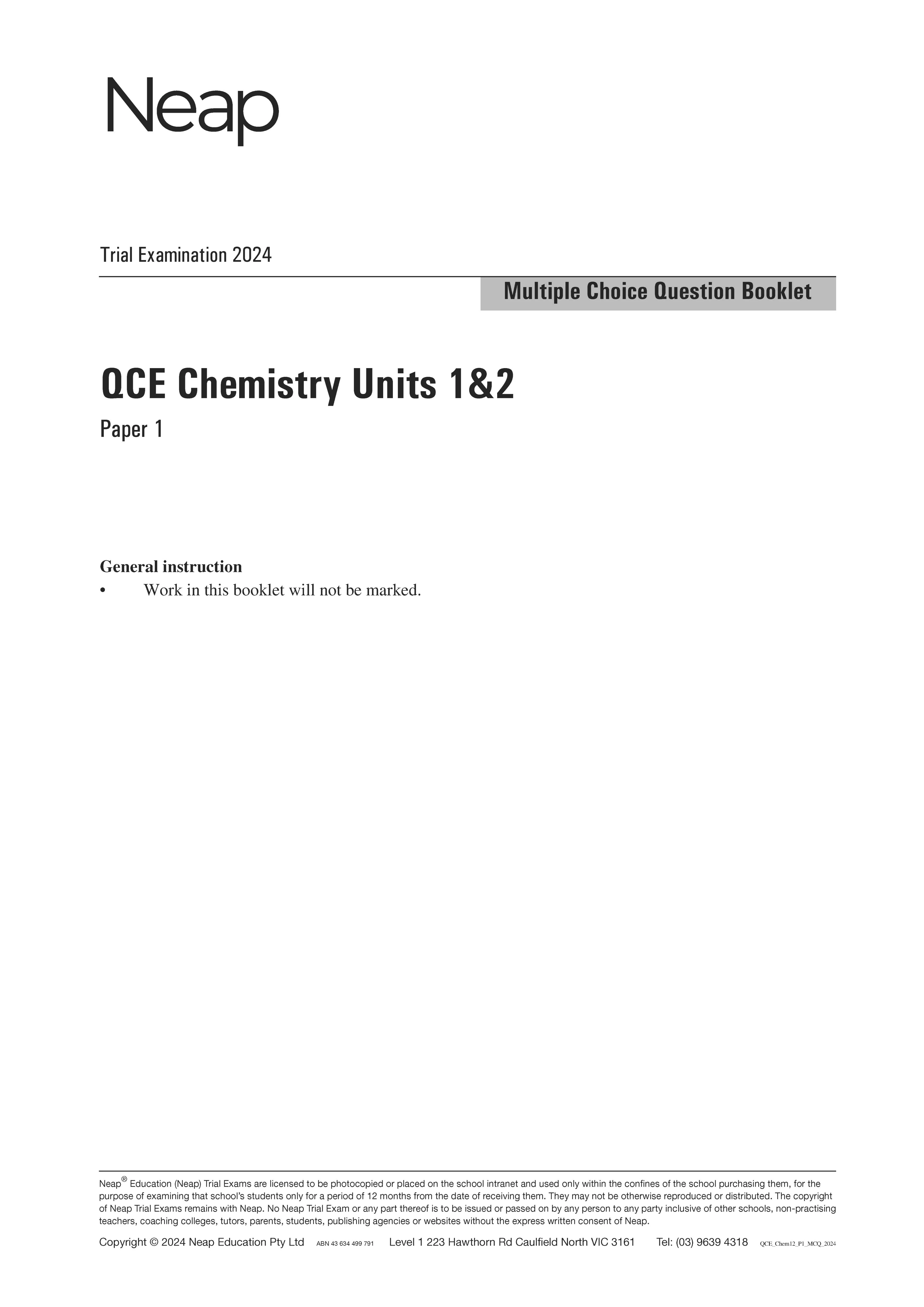 Neap Practice Exam: 2024 QCE Chemistry Units 1&2 (Papers 1 and 2) (Digital)