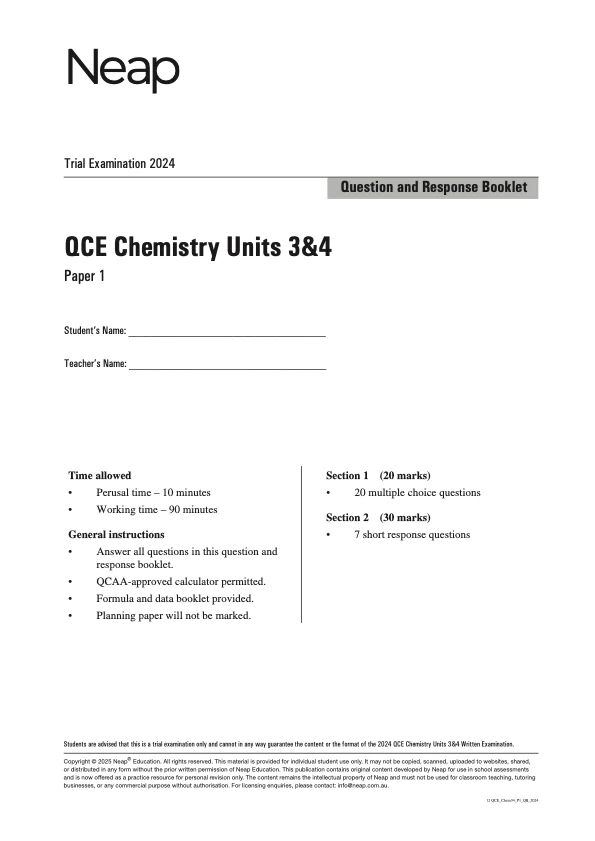 Neap Practice Exam: 2024 QCE Chemistry Units 3&4 (Papers 1 and 2) (Digital)